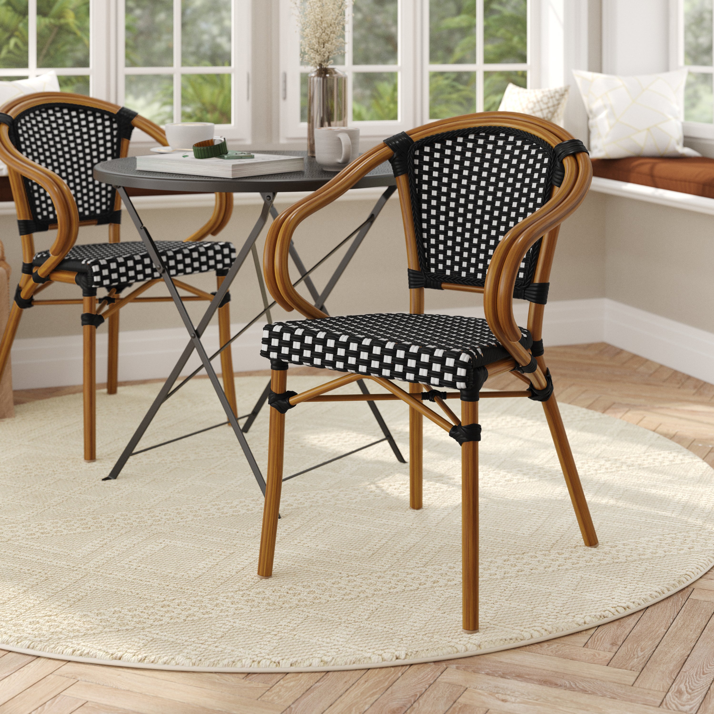 Bordeaux Indoor/Outdoor Commercial Bistro Stacking Chair with Arms, Black and White PE Rattan and Bamboo Print Aluminum Frame in Natural