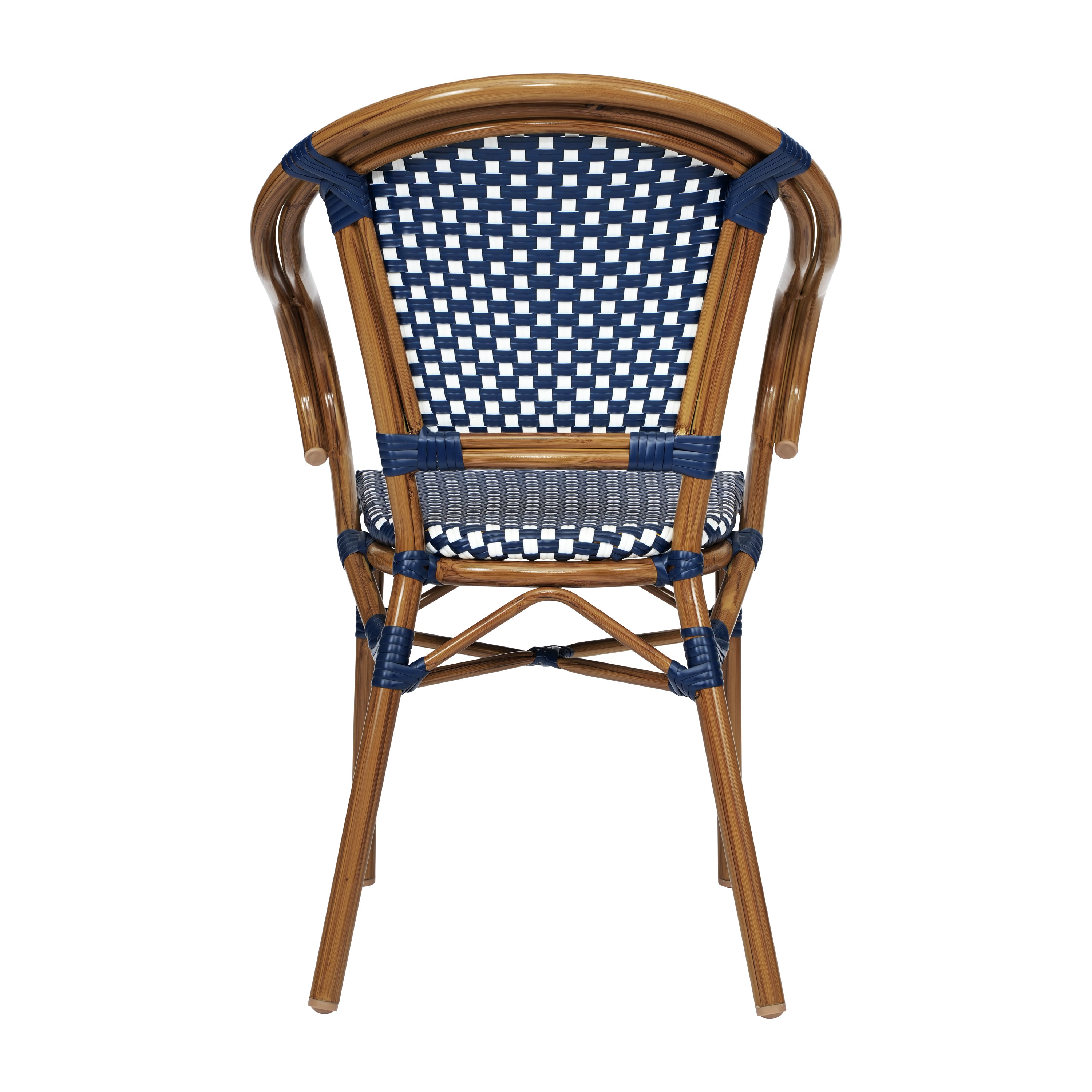 Bordeaux Indoor/Outdoor Commercial Bistro Stacking Chair with Arms, Navy and White PE Rattan and Bamboo Print Aluminum Frame in Natural