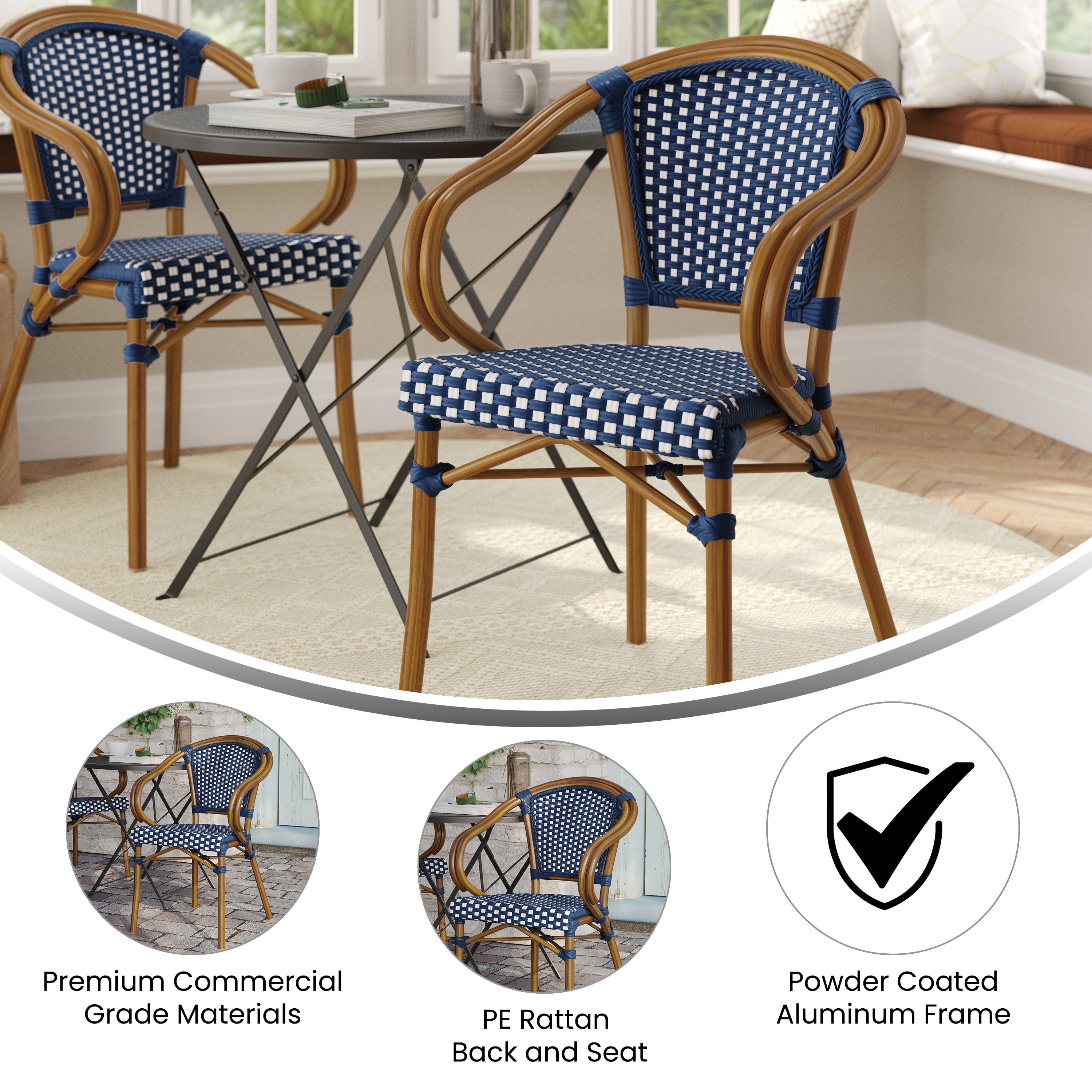 Bordeaux Indoor/Outdoor Commercial Bistro Stacking Chair with Arms, Navy and White PE Rattan and Bamboo Print Aluminum Frame in Natural