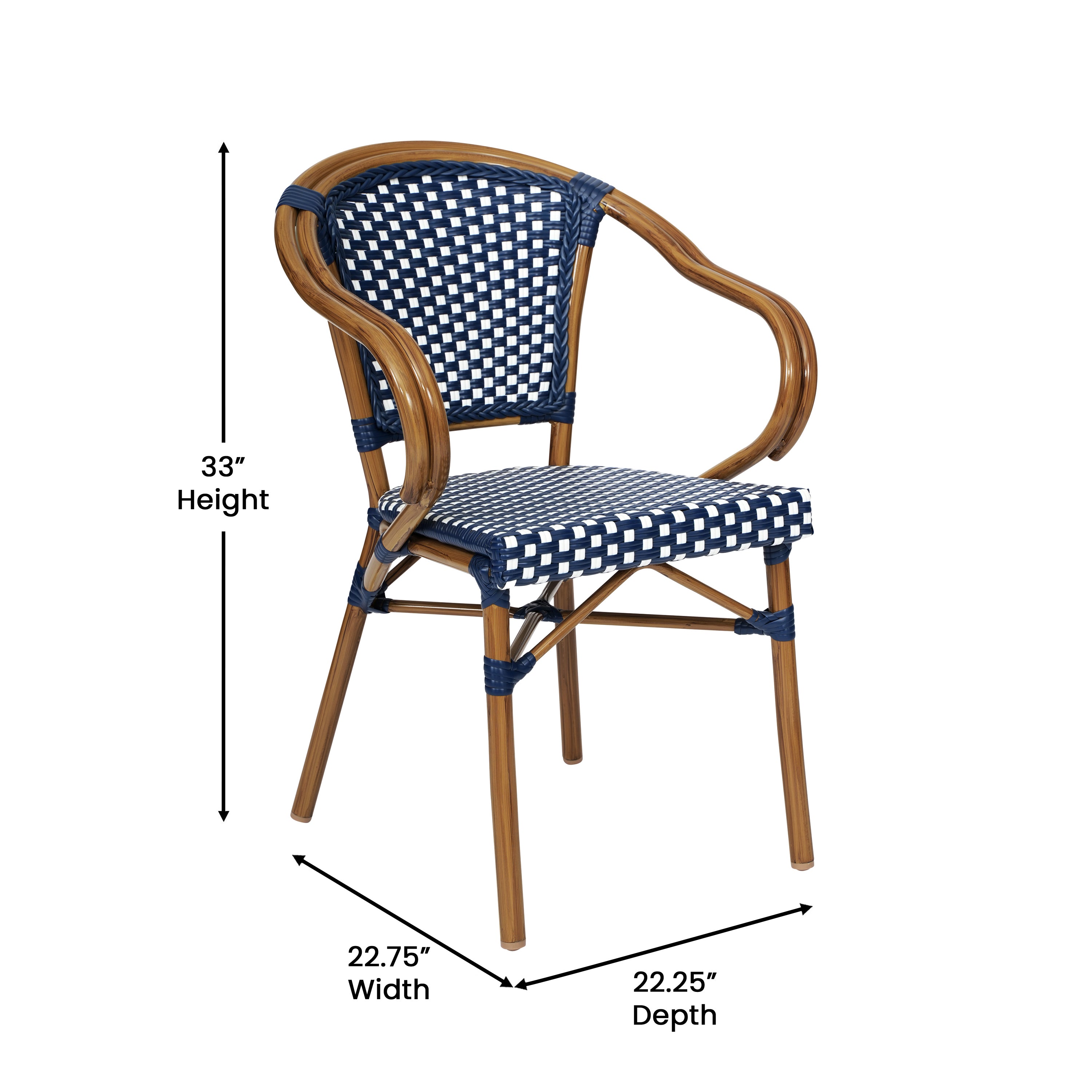 Bordeaux Indoor/Outdoor Commercial Bistro Stacking Chair with Arms, Navy and White PE Rattan and Bamboo Print Aluminum Frame in Natural