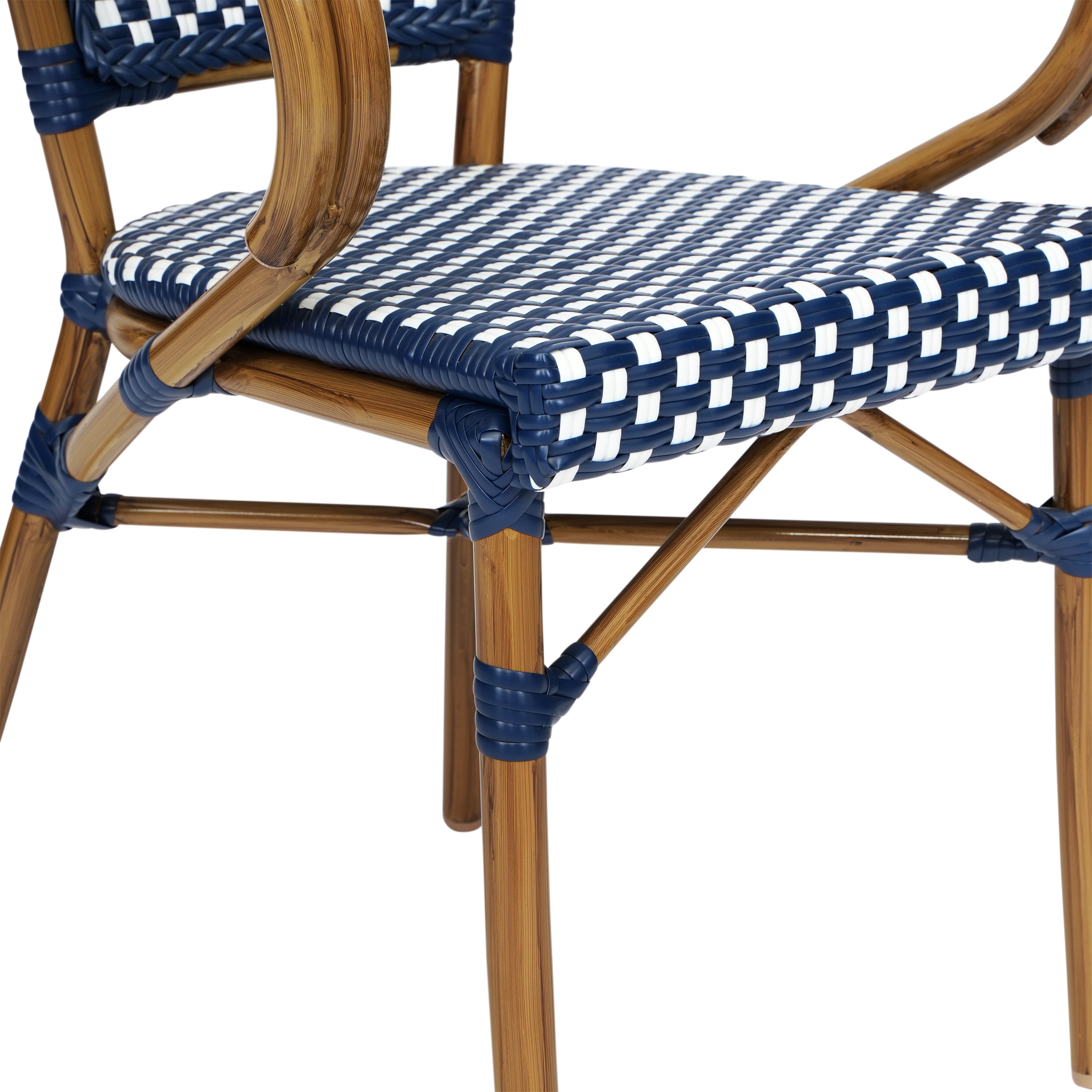 Bordeaux Indoor/Outdoor Commercial Bistro Stacking Chair with Arms, Navy and White PE Rattan and Bamboo Print Aluminum Frame in Natural