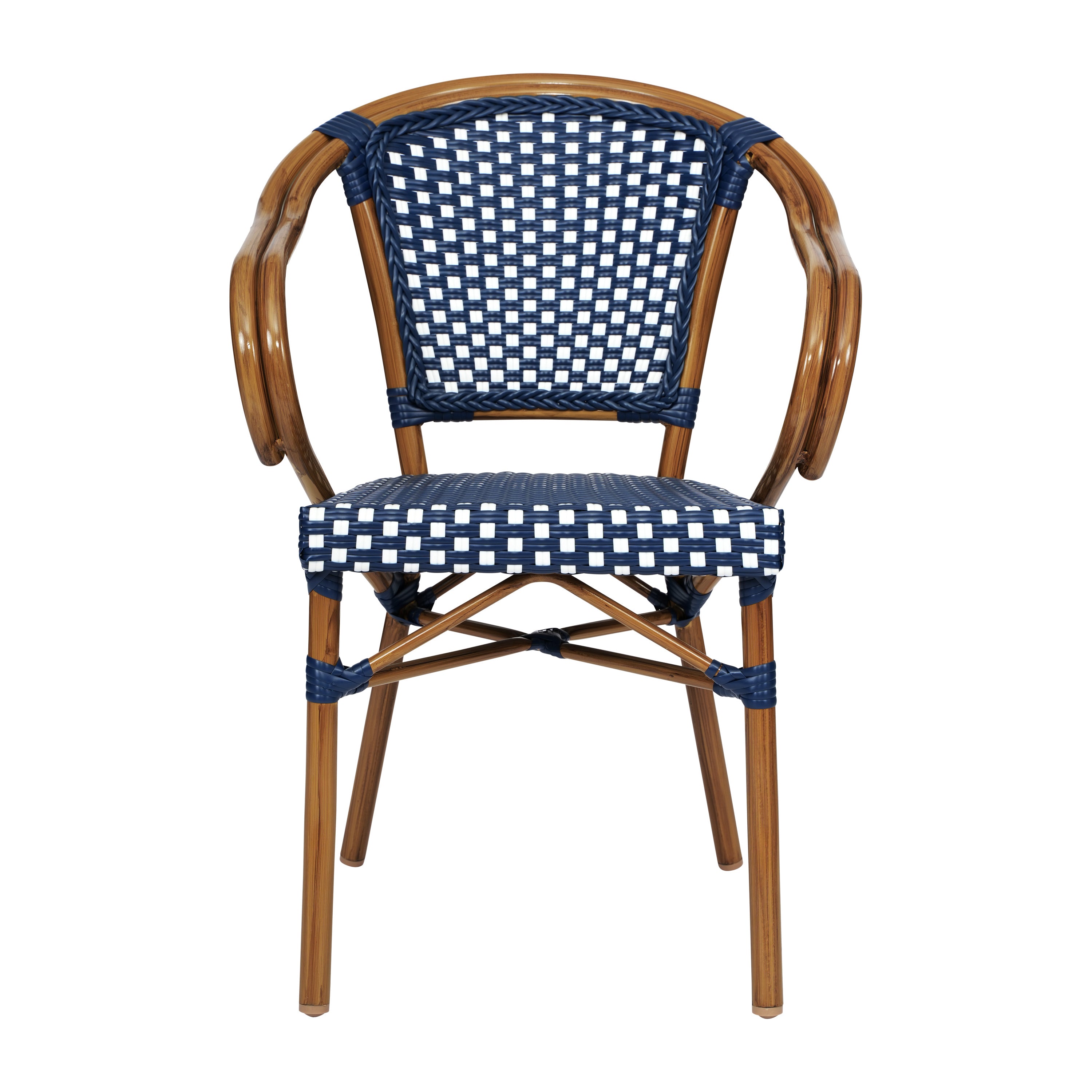 Bordeaux Indoor/Outdoor Commercial Bistro Stacking Chair with Arms, Navy and White PE Rattan and Bamboo Print Aluminum Frame in Natural