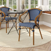 Bordeaux Indoor/Outdoor Commercial Bistro Stacking Chair with Arms, Navy and White PE Rattan and Bamboo Print Aluminum Frame in Natural