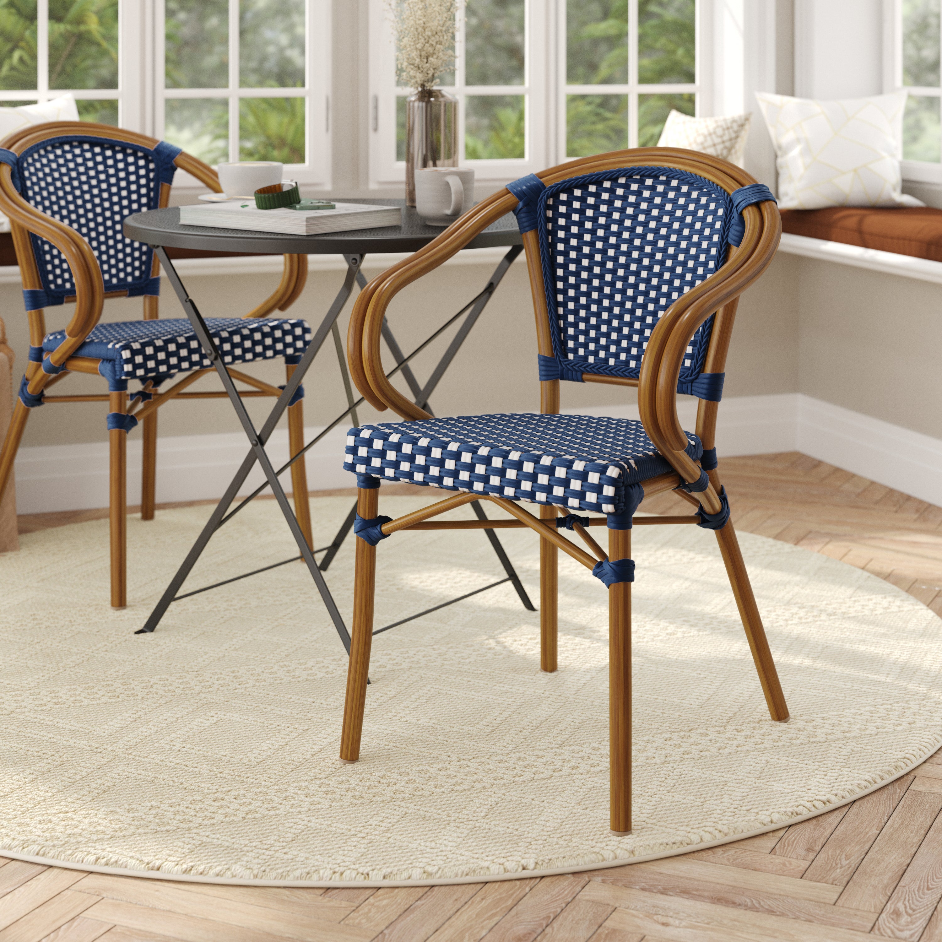Bordeaux Indoor/Outdoor Commercial Bistro Stacking Chair with Arms, Navy and White PE Rattan and Bamboo Print Aluminum Frame in Natural
