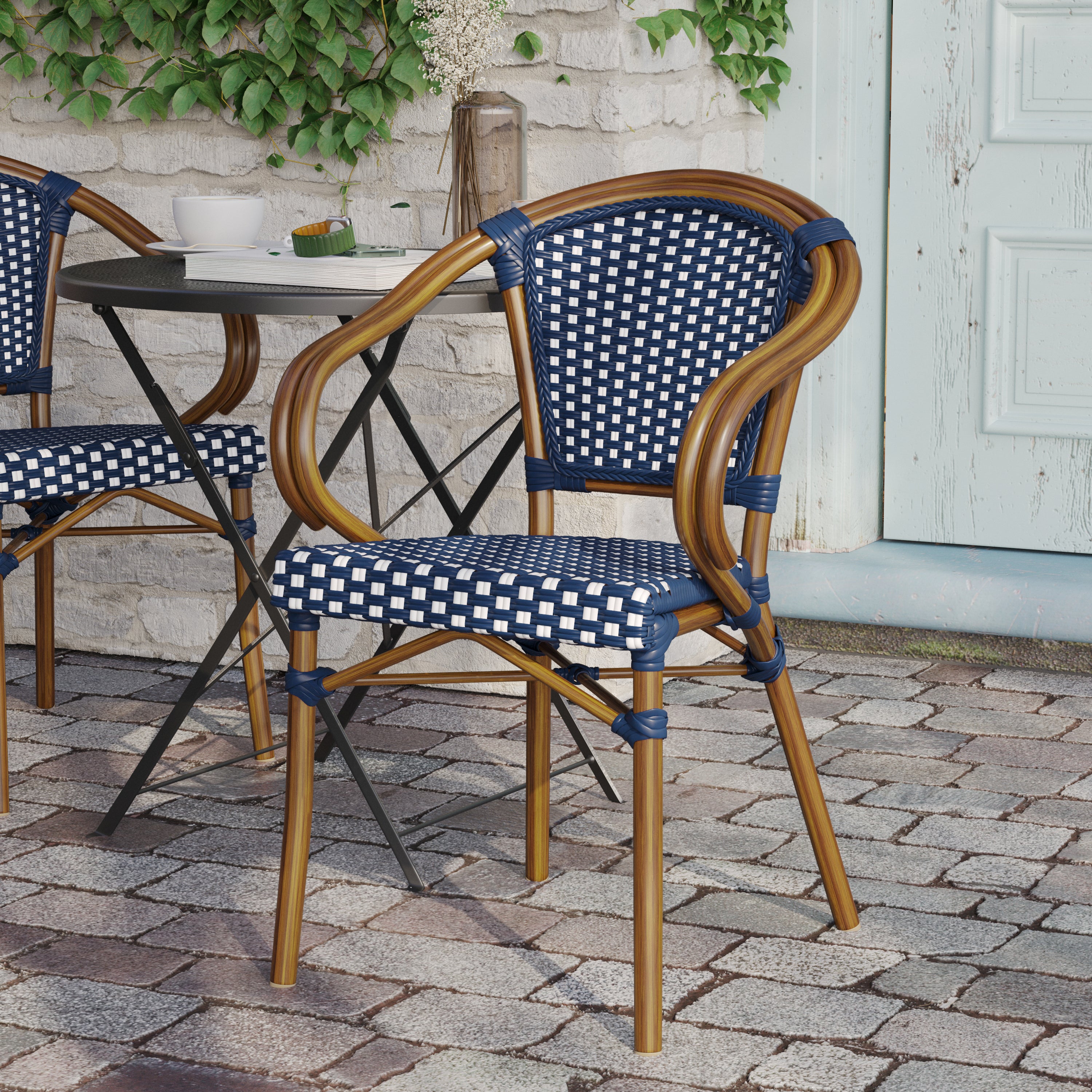 Bordeaux Indoor/Outdoor Commercial Bistro Stacking Chair with Arms, Navy and White PE Rattan and Bamboo Print Aluminum Frame in Natural
