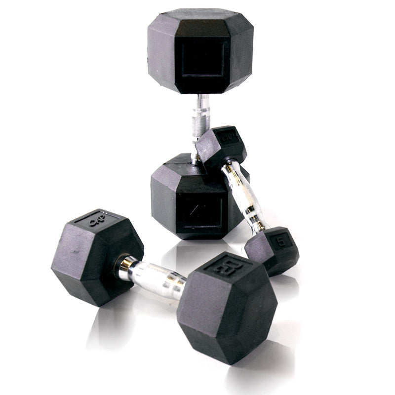 150 lb CAP Rubber Coated Hex Dumbbell Set with Rack