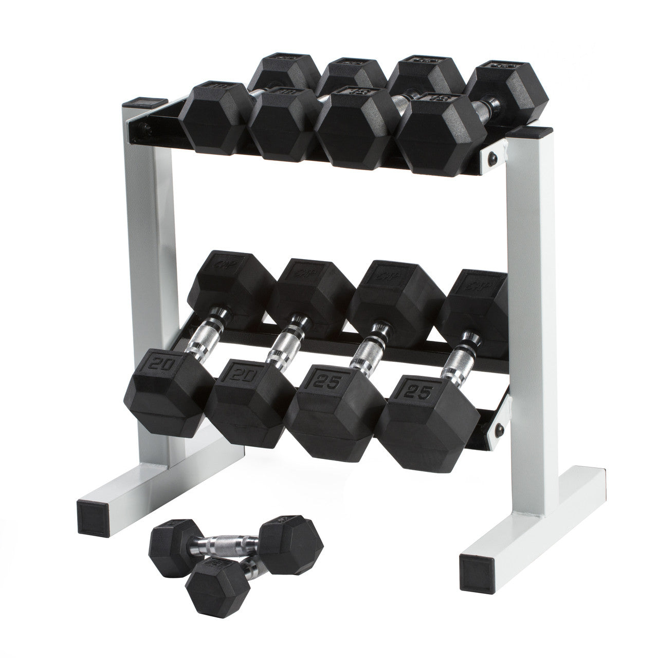 150 lb CAP Rubber Coated Hex Dumbbell Set with Rack