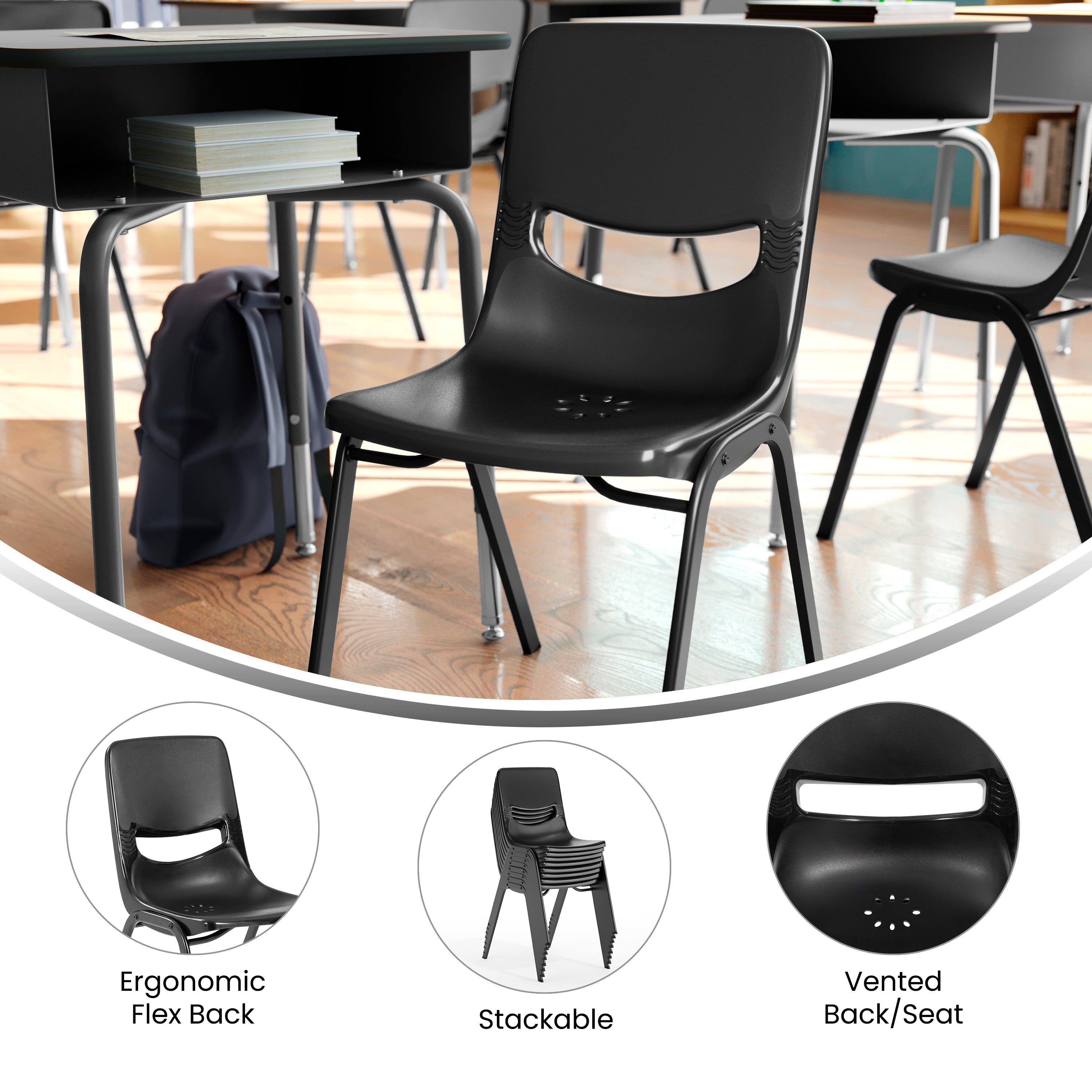 HERCULES Heavy-Duty Flex Comfort Classroom Stack Chair with Powder-Coated Frame and Black Ergonomic Back and Seat