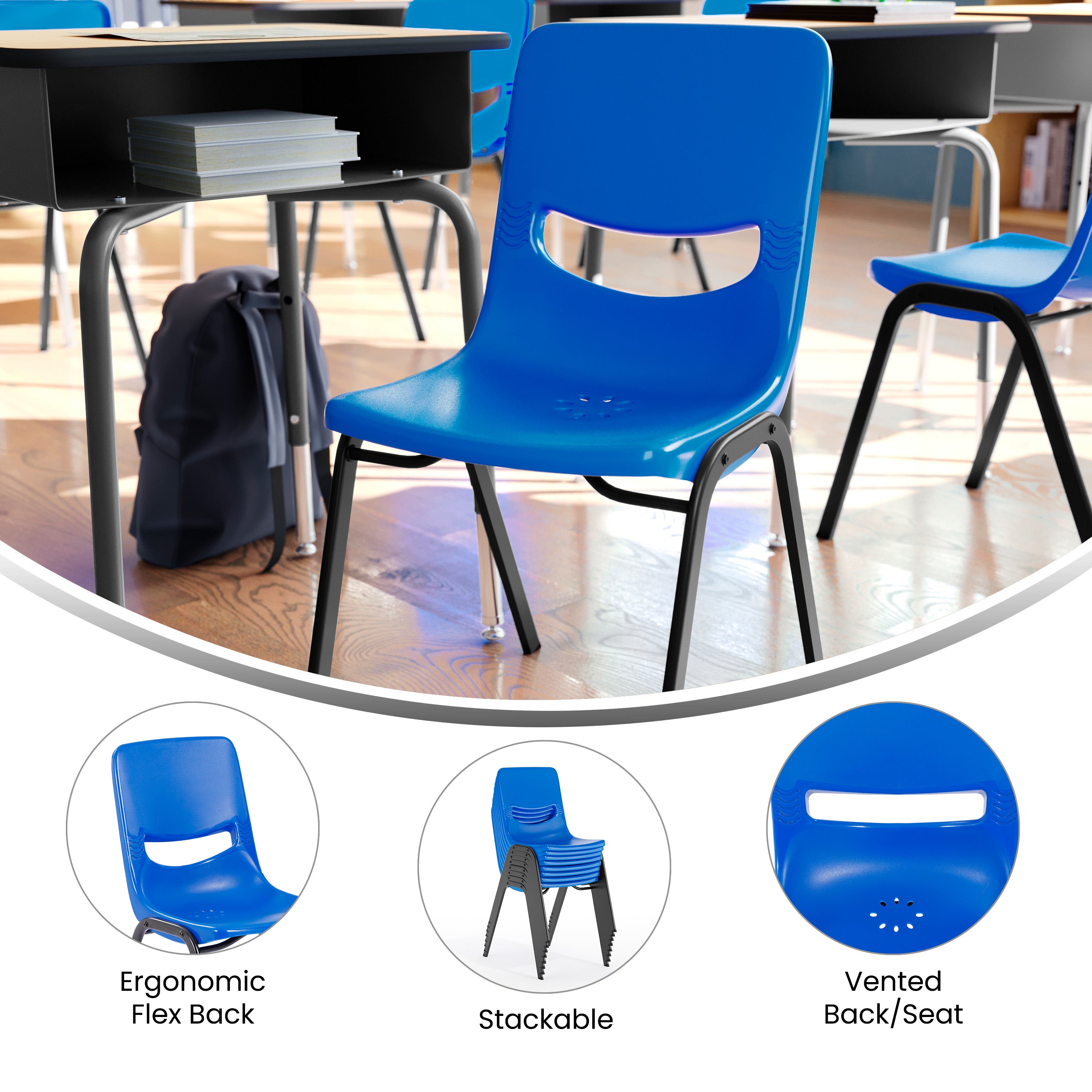 HERCULES Heavy-Duty Flex Comfort Classroom Stack Chair with Powder-Coated Frame and Navy Ergonomic Back and Seat