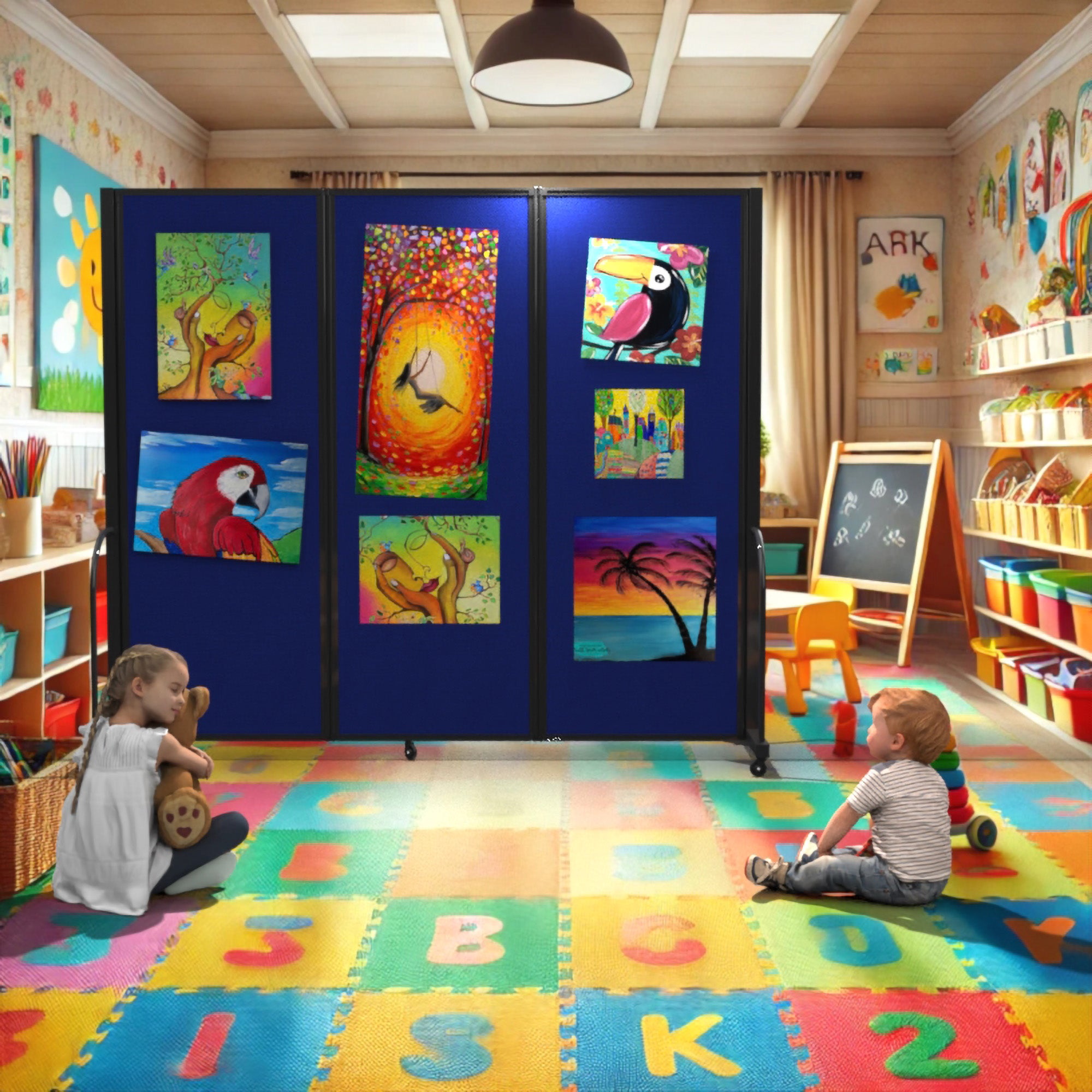 Screenflex Full Motion Divider, 7'6" x 25'1", Black Frame, Walnut