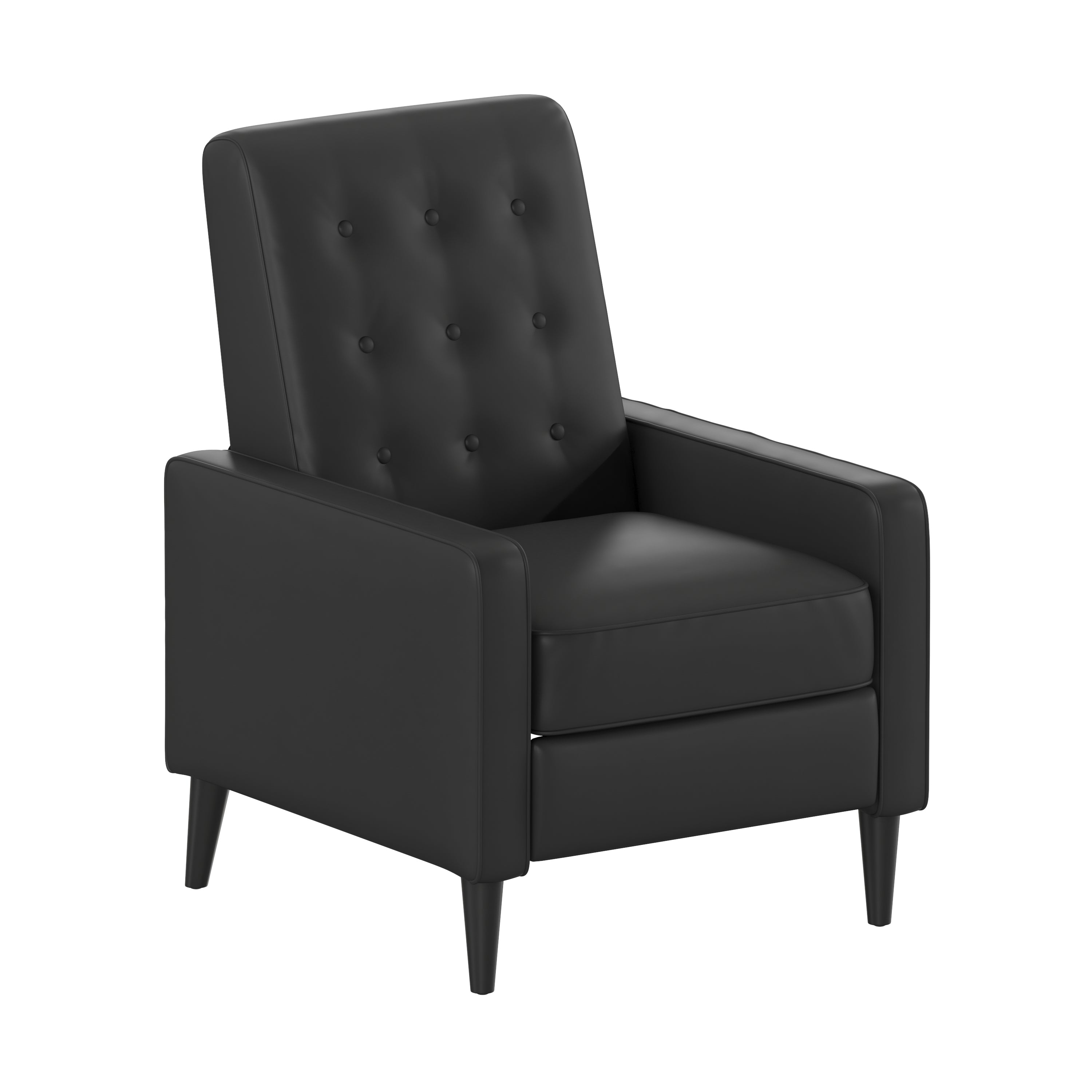 Ezra Mid-Century Modern LeatherSoft Upholstered Button Tufted Pushback Recliner in Black for Residential & Commercial Use