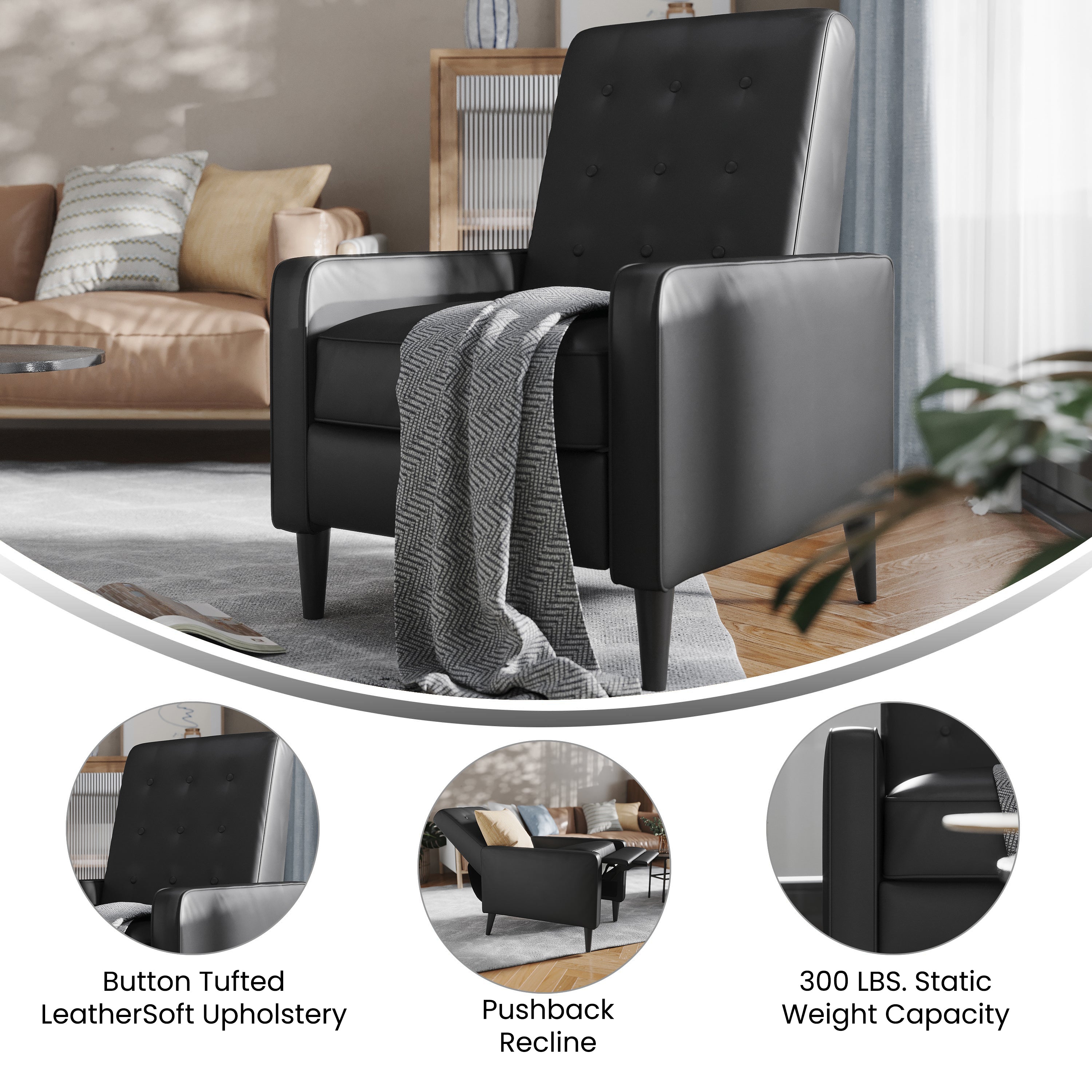 Ezra Mid-Century Modern LeatherSoft Upholstered Button Tufted Pushback Recliner in Black for Residential & Commercial Use