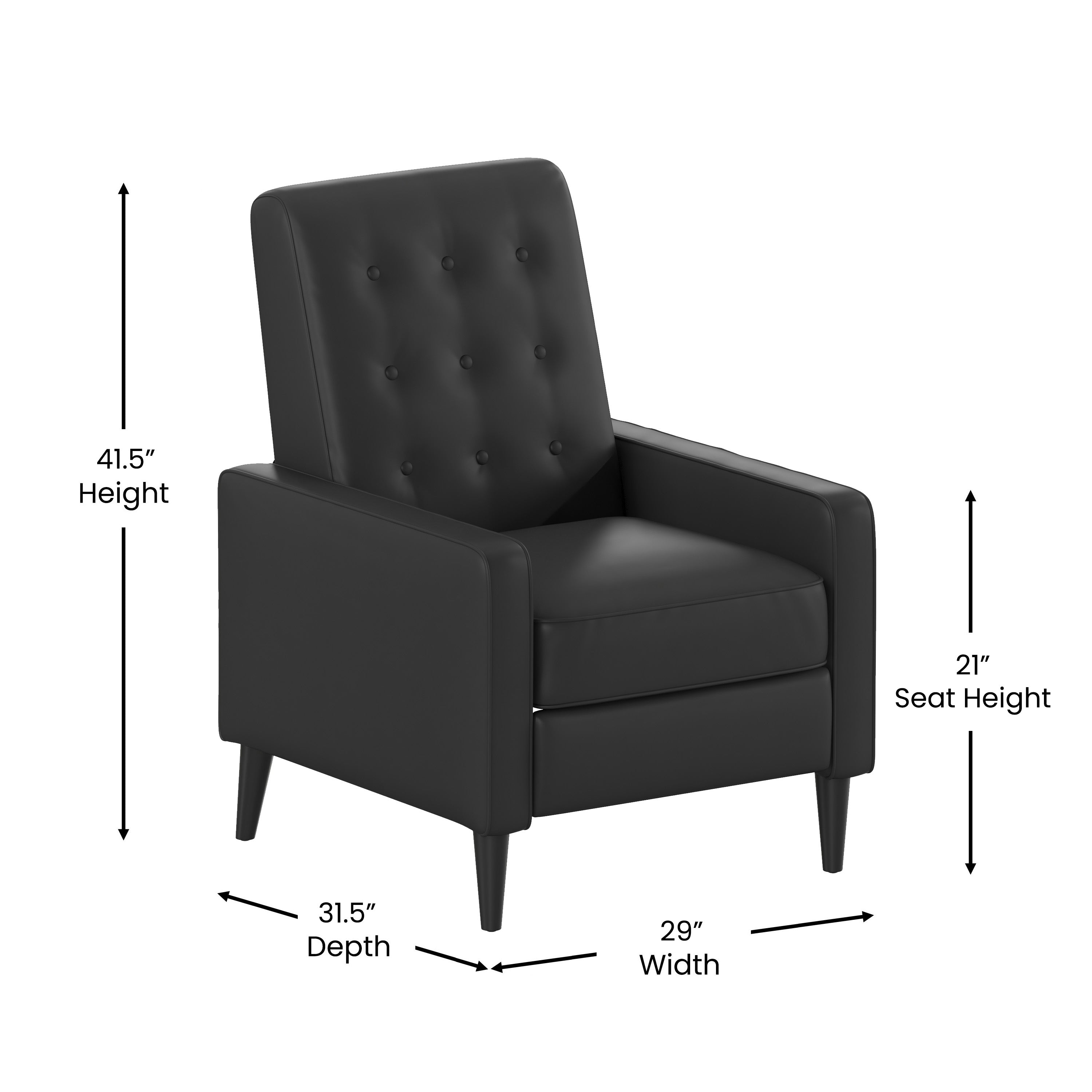Ezra Mid-Century Modern LeatherSoft Upholstered Button Tufted Pushback Recliner in Black for Residential & Commercial Use