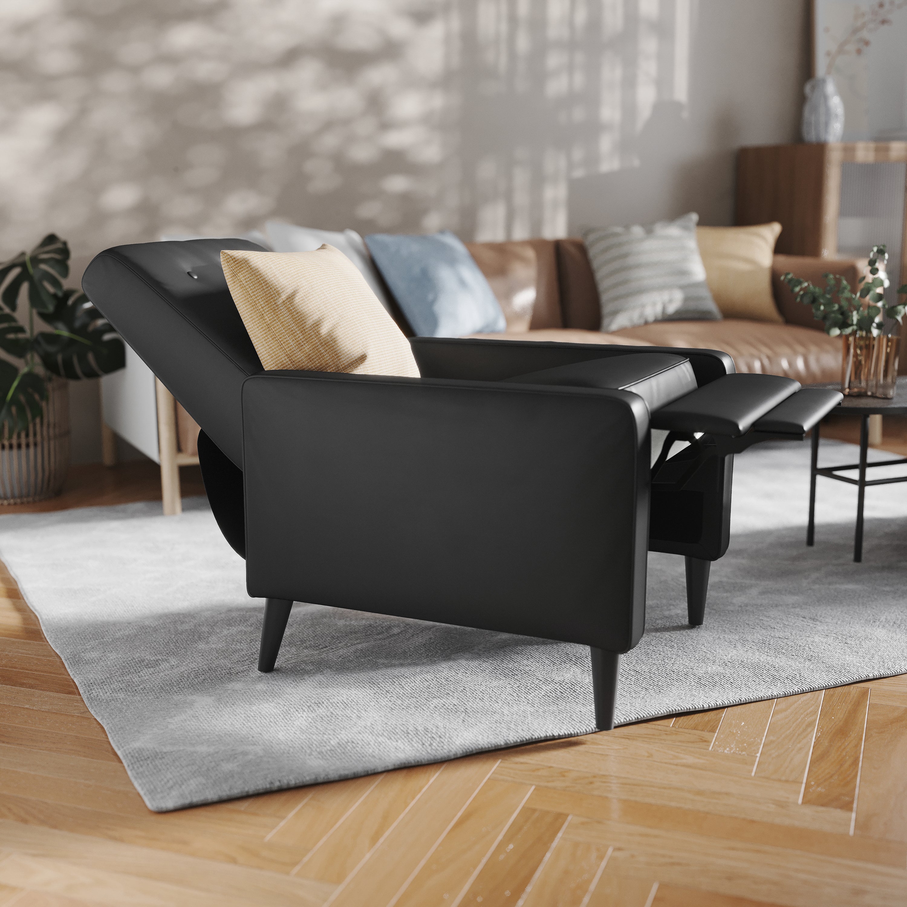 Ezra Mid-Century Modern LeatherSoft Upholstered Button Tufted Pushback Recliner in Black for Residential & Commercial Use