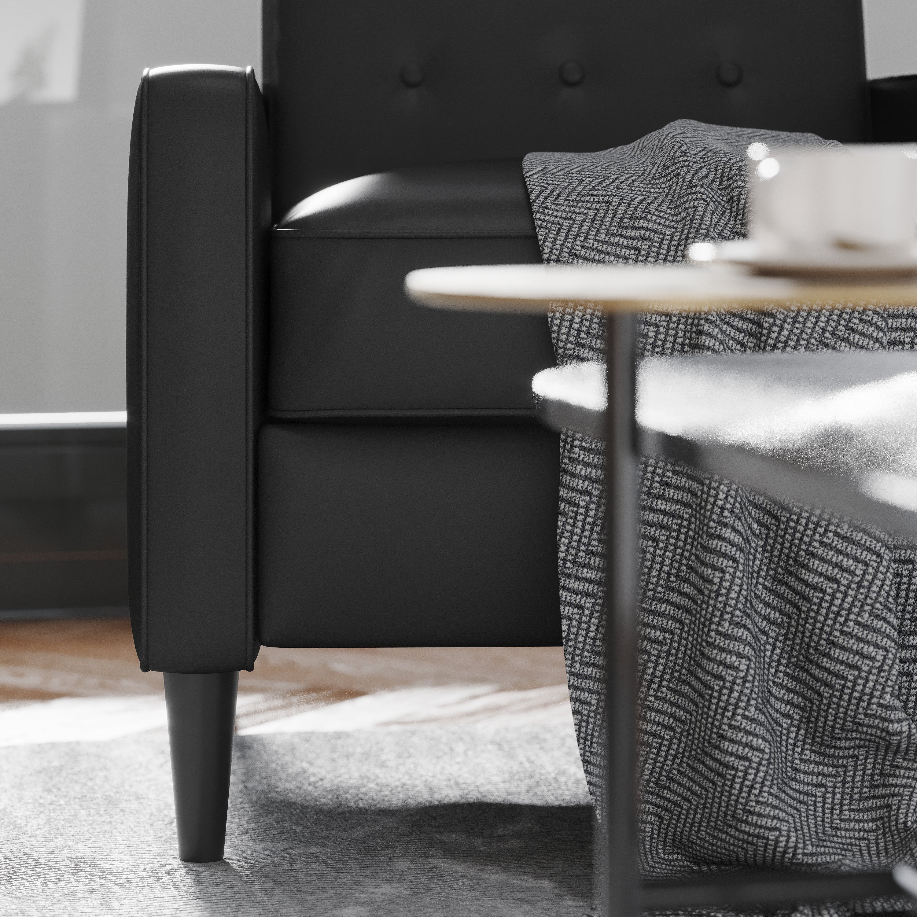 Ezra Mid-Century Modern LeatherSoft Upholstered Button Tufted Pushback Recliner in Black for Residential & Commercial Use