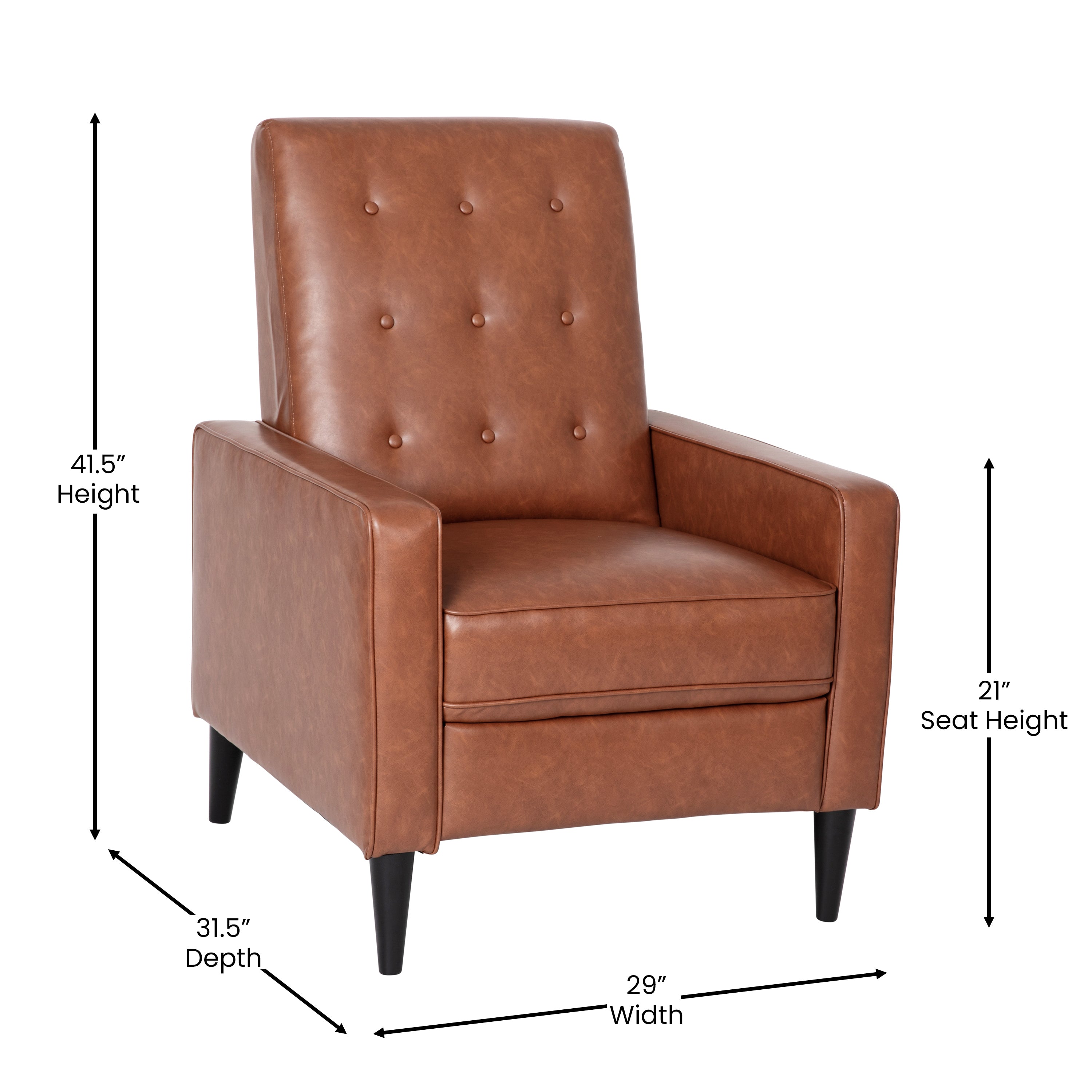 Ezra Mid-Century Modern LeatherSoft Upholstered Button Tufted Pushback Recliner in Cognac Brown for Residential & Commercial Use
