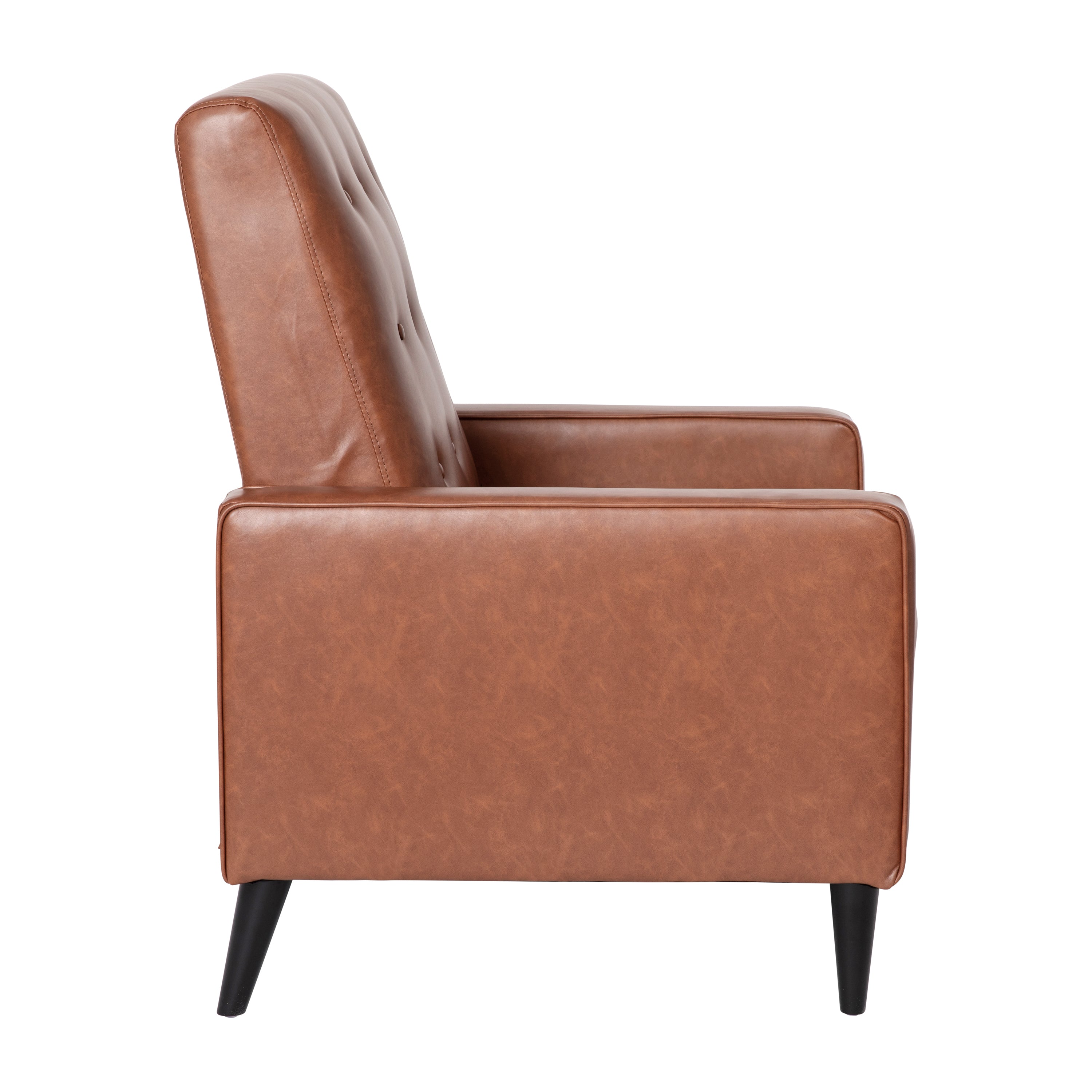 Ezra Mid-Century Modern LeatherSoft Upholstered Button Tufted Pushback Recliner in Cognac Brown for Residential & Commercial Use