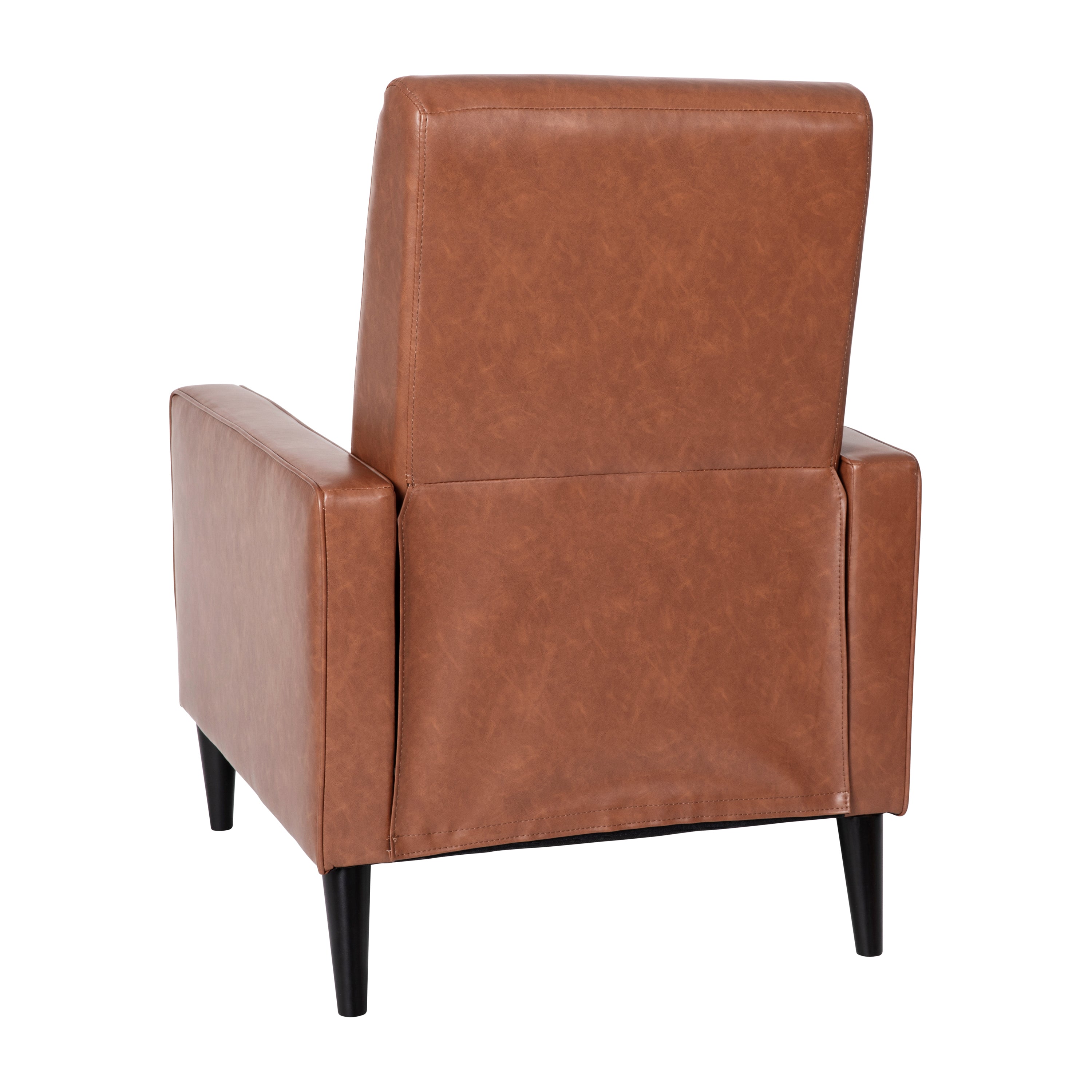 Ezra Mid-Century Modern LeatherSoft Upholstered Button Tufted Pushback Recliner in Cognac Brown for Residential & Commercial Use