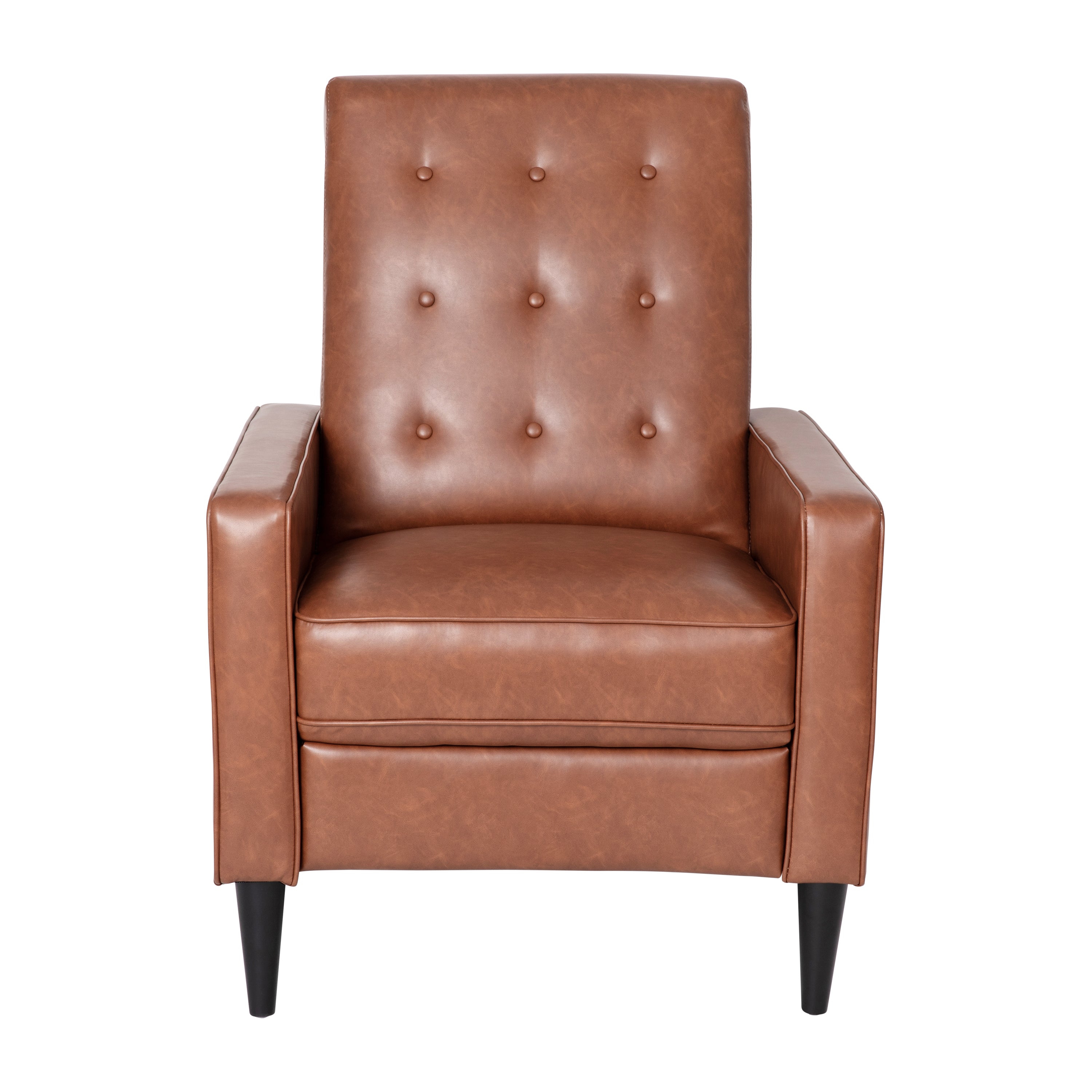 Ezra Mid-Century Modern LeatherSoft Upholstered Button Tufted Pushback Recliner in Cognac Brown for Residential & Commercial Use