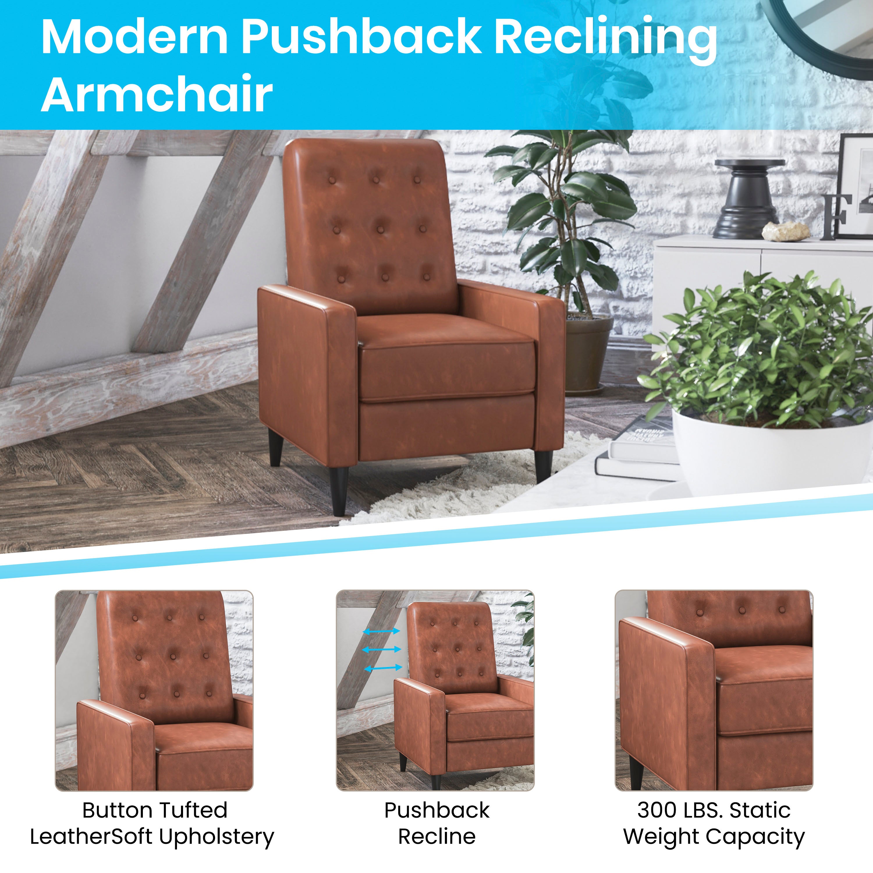 Ezra Mid-Century Modern LeatherSoft Upholstered Button Tufted Pushback Recliner in Cognac Brown for Residential & Commercial Use