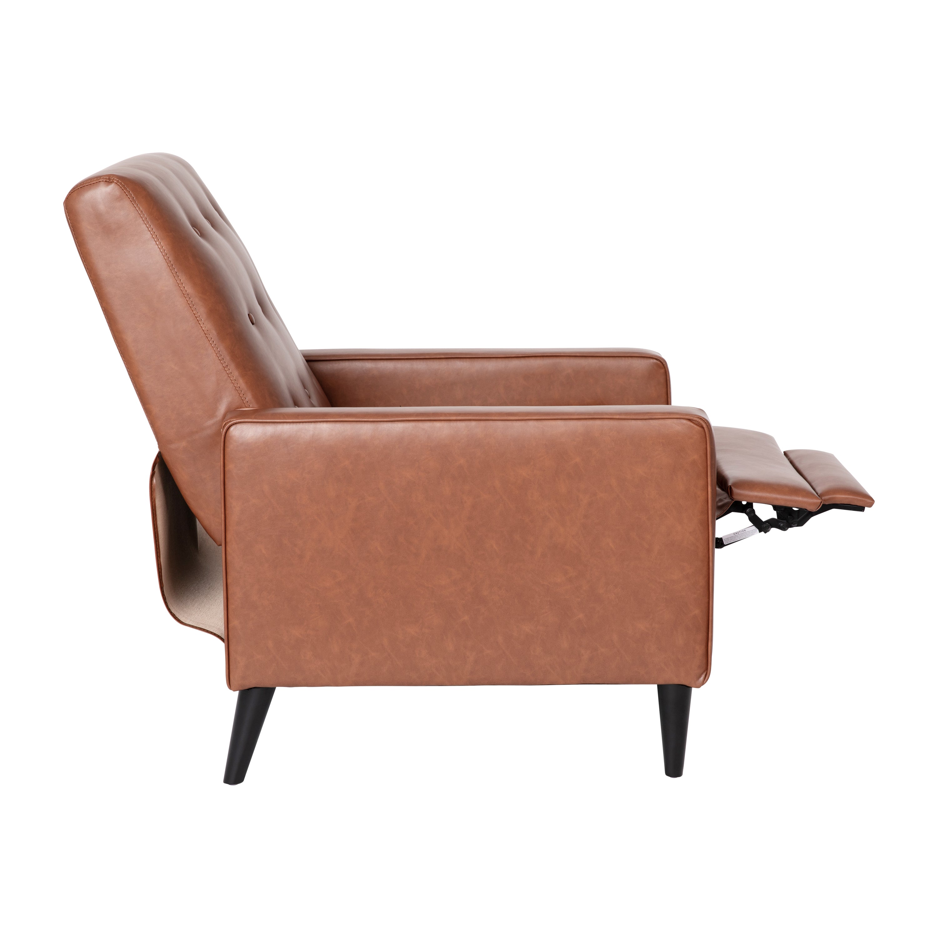 Ezra Mid-Century Modern LeatherSoft Upholstered Button Tufted Pushback Recliner in Cognac Brown for Residential & Commercial Use