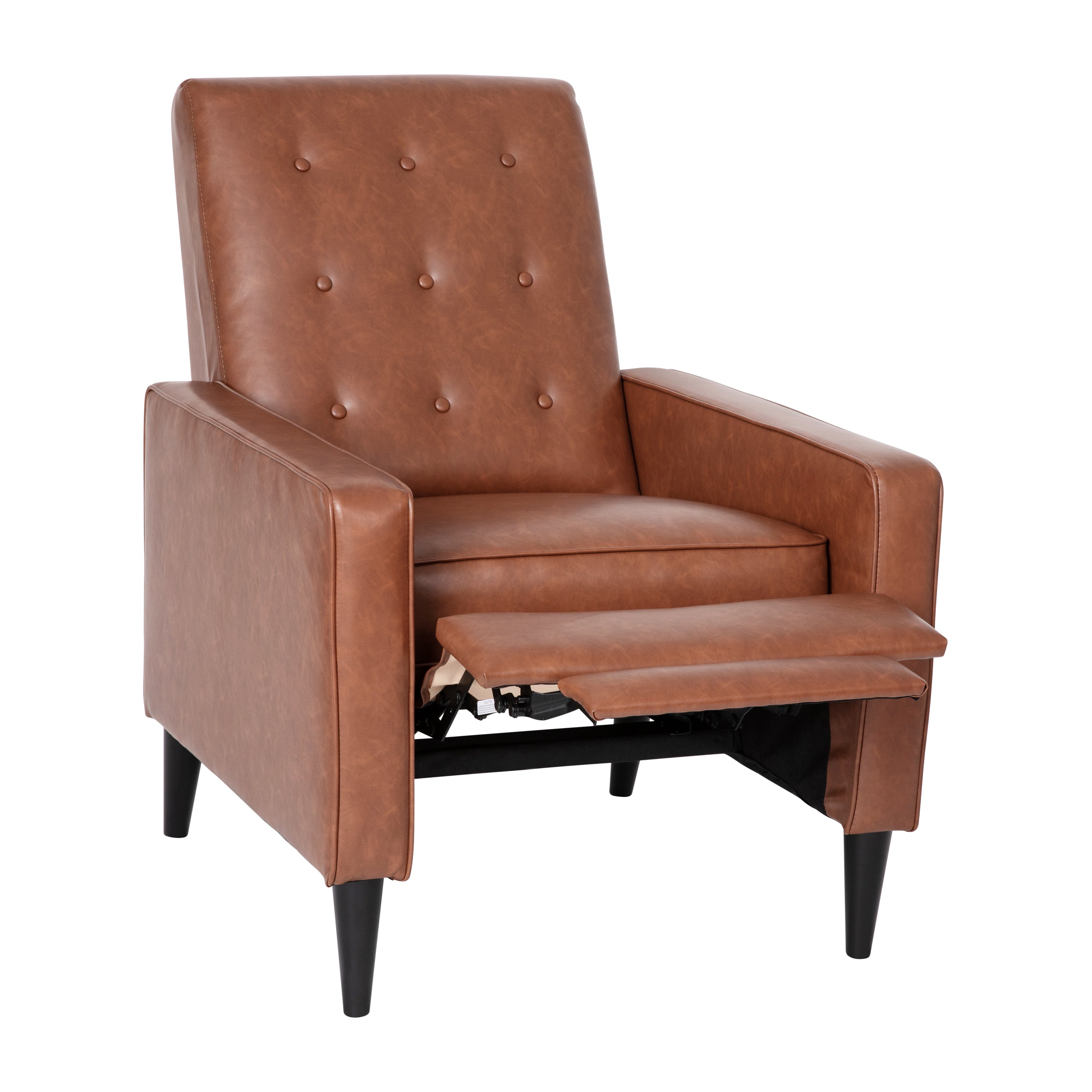 Ezra Mid-Century Modern LeatherSoft Upholstered Button Tufted Pushback Recliner in Cognac Brown for Residential & Commercial Use