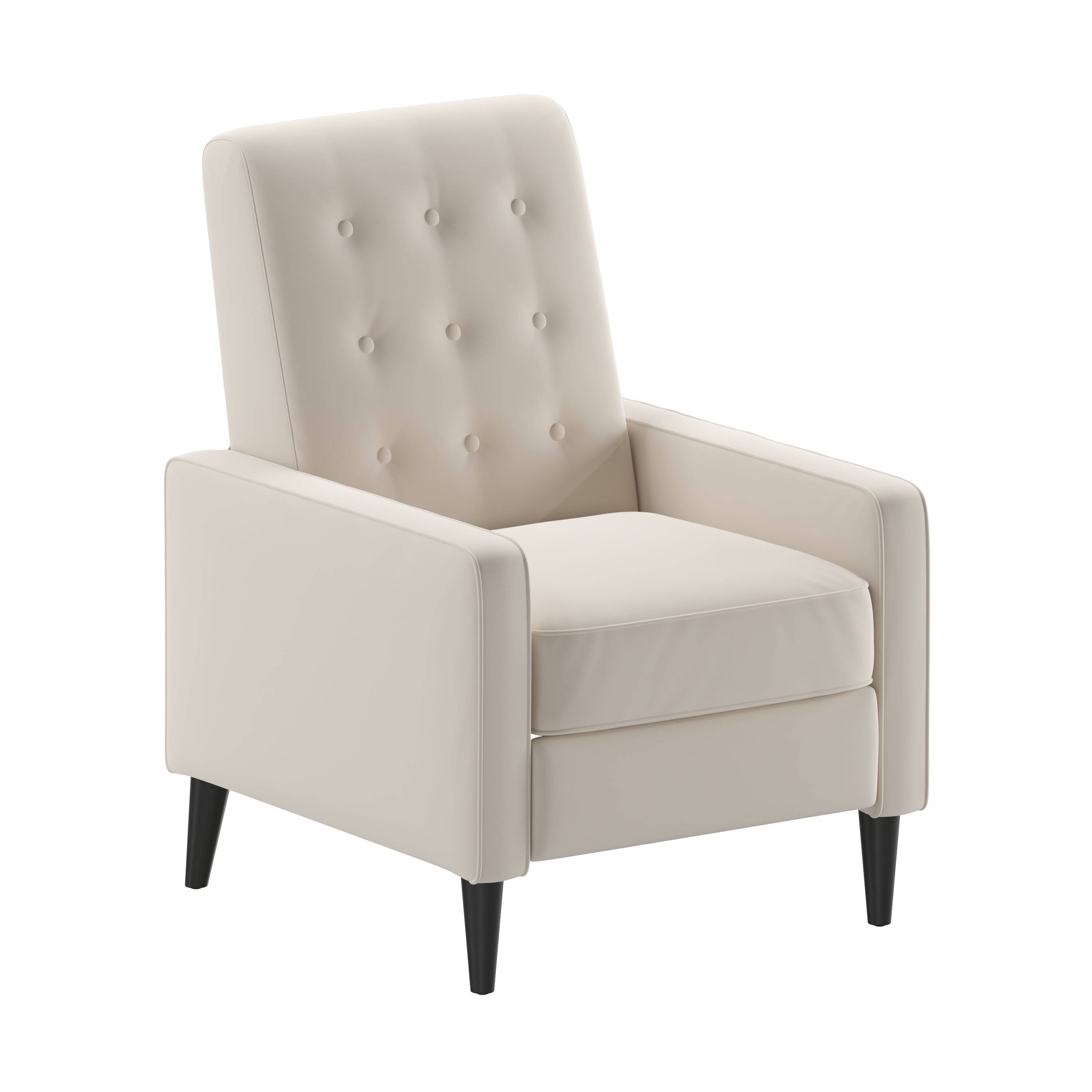 Ezra Mid-Century Modern Fabric Upholstered Button Tufted Pushback Recliner in Cream for Residential & Commercial Use