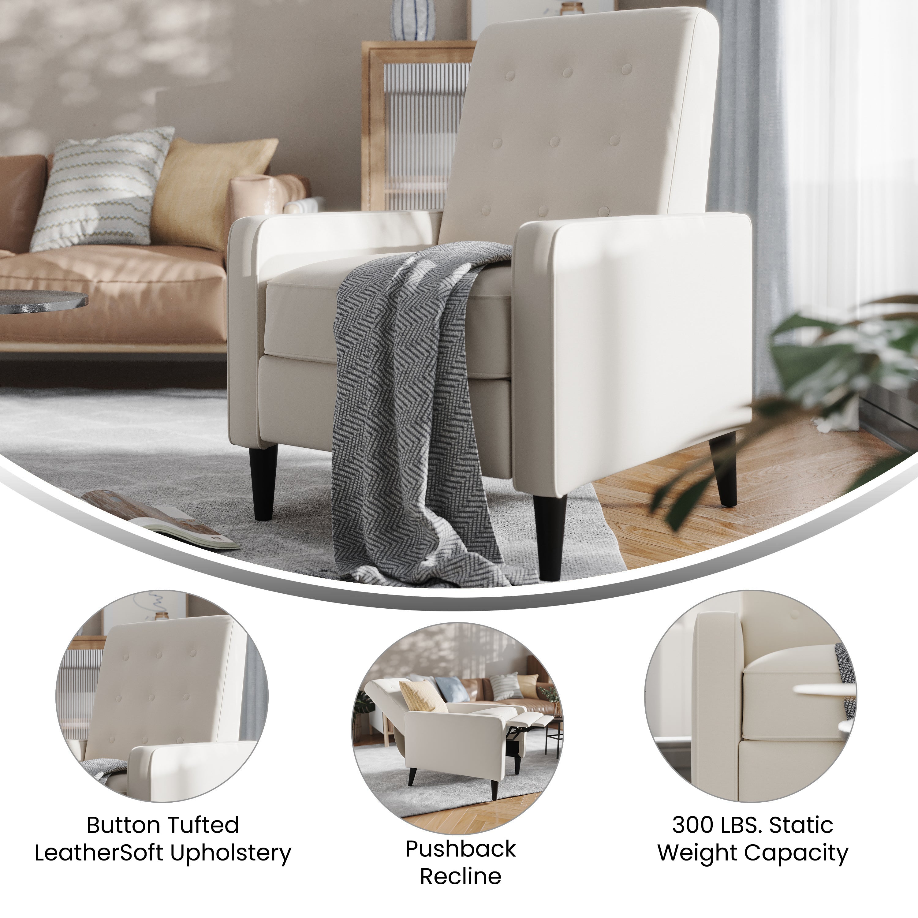 Ezra Mid-Century Modern Fabric Upholstered Button Tufted Pushback Recliner in Cream for Residential & Commercial Use