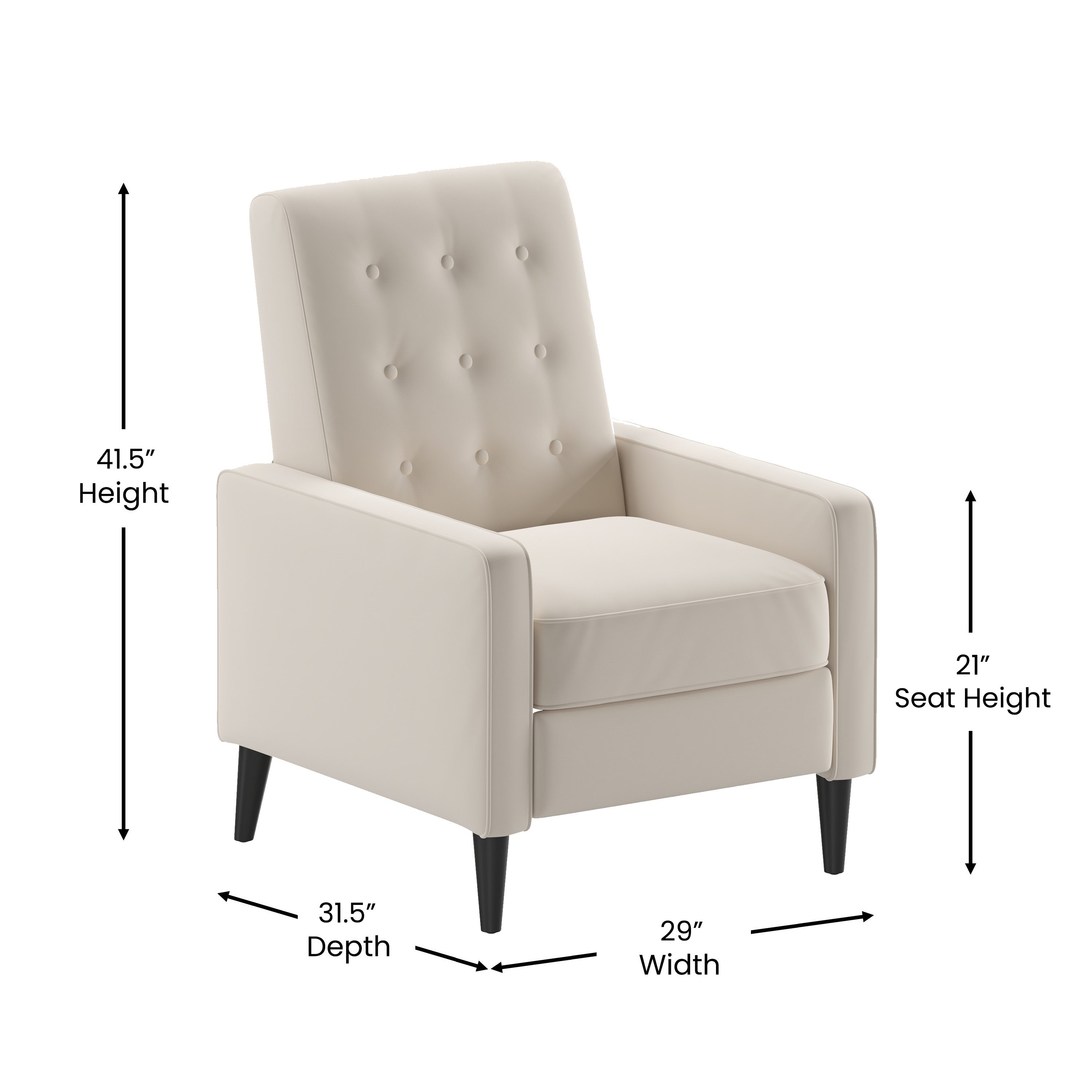 Ezra Mid-Century Modern Fabric Upholstered Button Tufted Pushback Recliner in Cream for Residential & Commercial Use