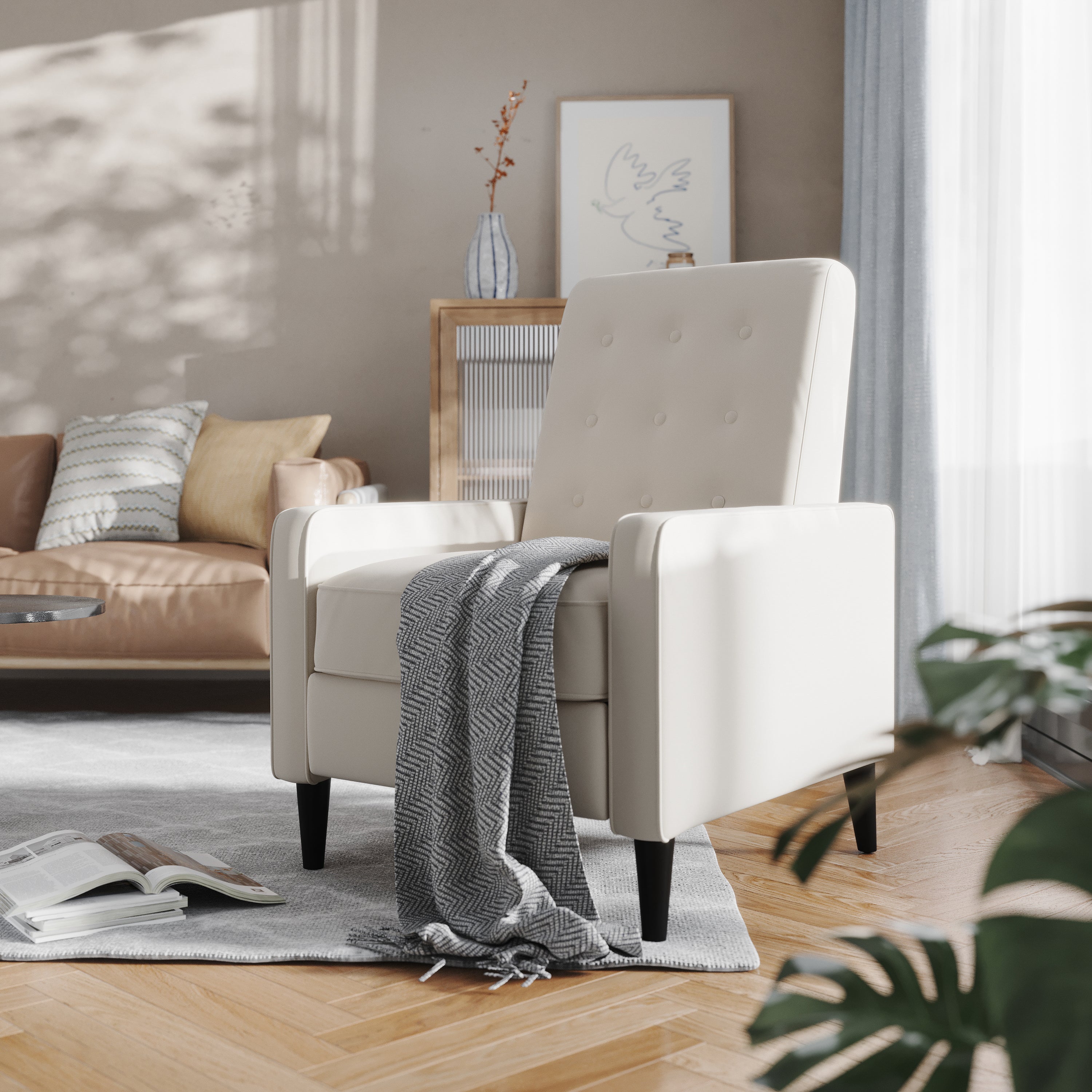 Ezra Mid-Century Modern Fabric Upholstered Button Tufted Pushback Recliner in Cream for Residential & Commercial Use
