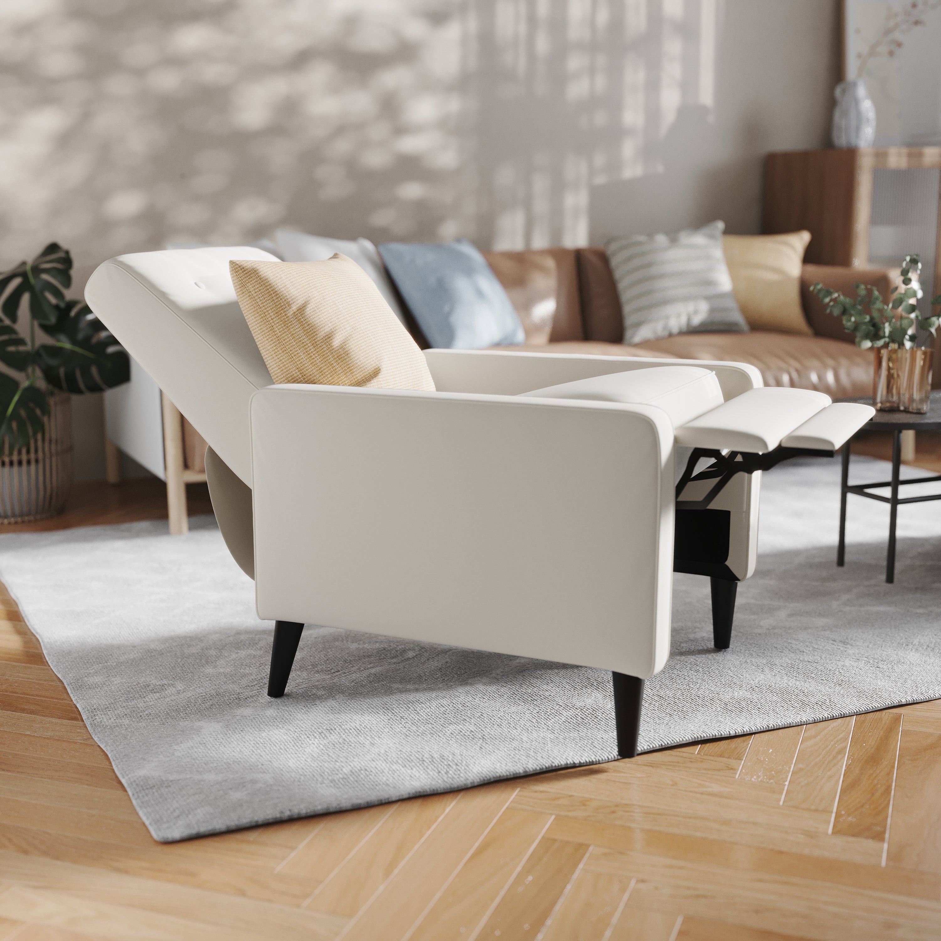 Ezra Mid-Century Modern Fabric Upholstered Button Tufted Pushback Recliner in Cream for Residential & Commercial Use