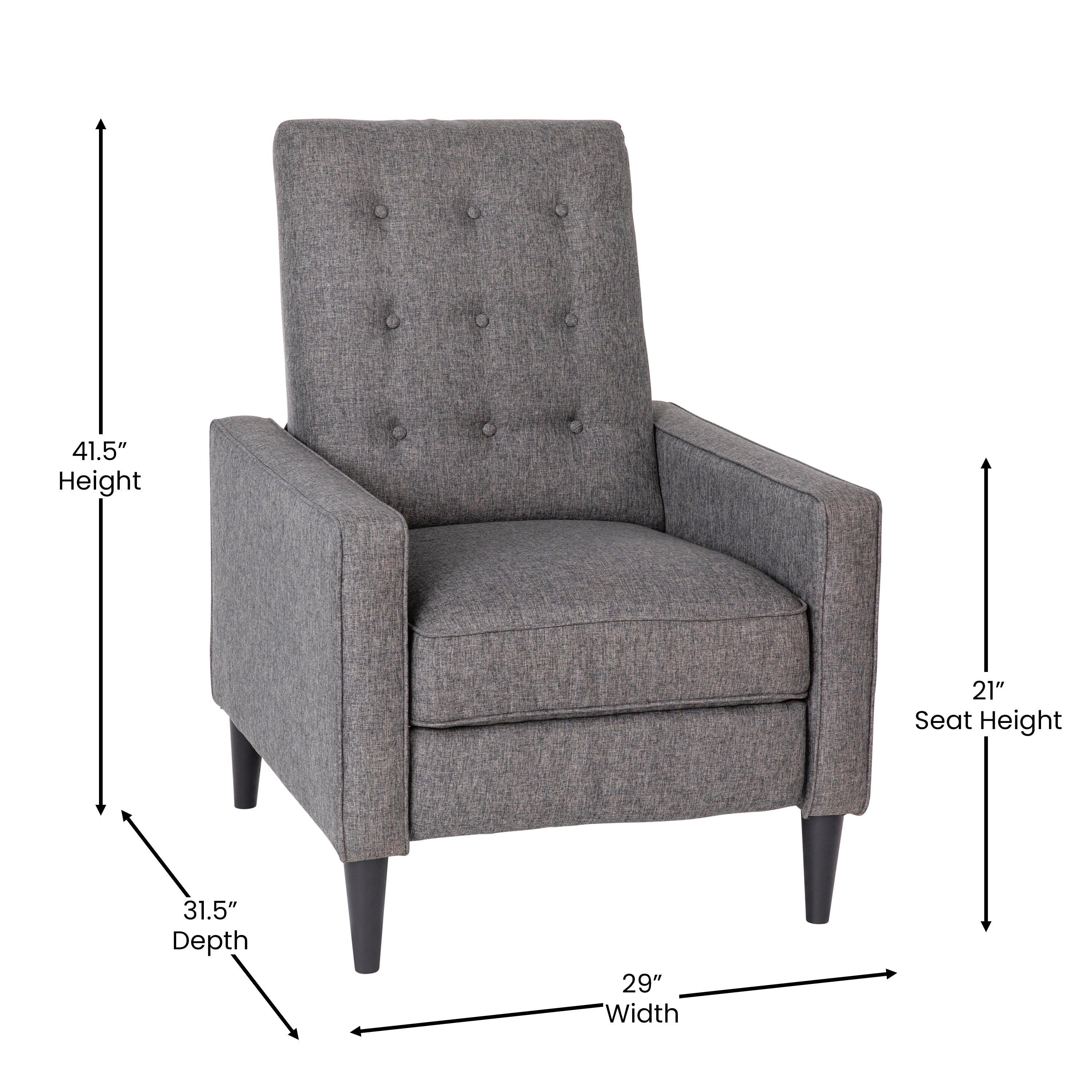 Ezra Mid-Century Modern Fabric Upholstered Button Tufted Pushback Recliner in Gray for Residential & Commercial Use