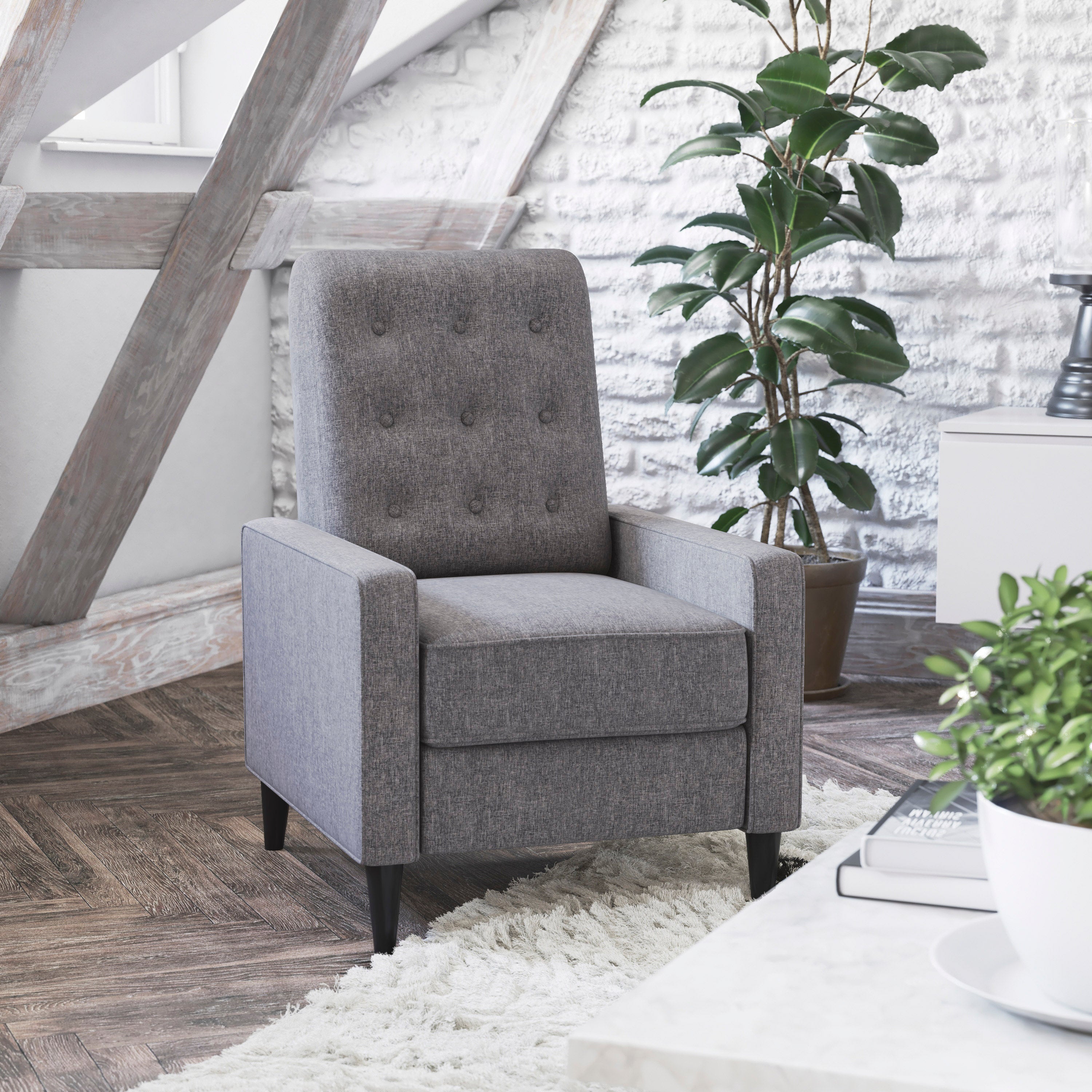 Ezra Mid-Century Modern Fabric Upholstered Button Tufted Pushback Recliner in Gray for Residential & Commercial Use