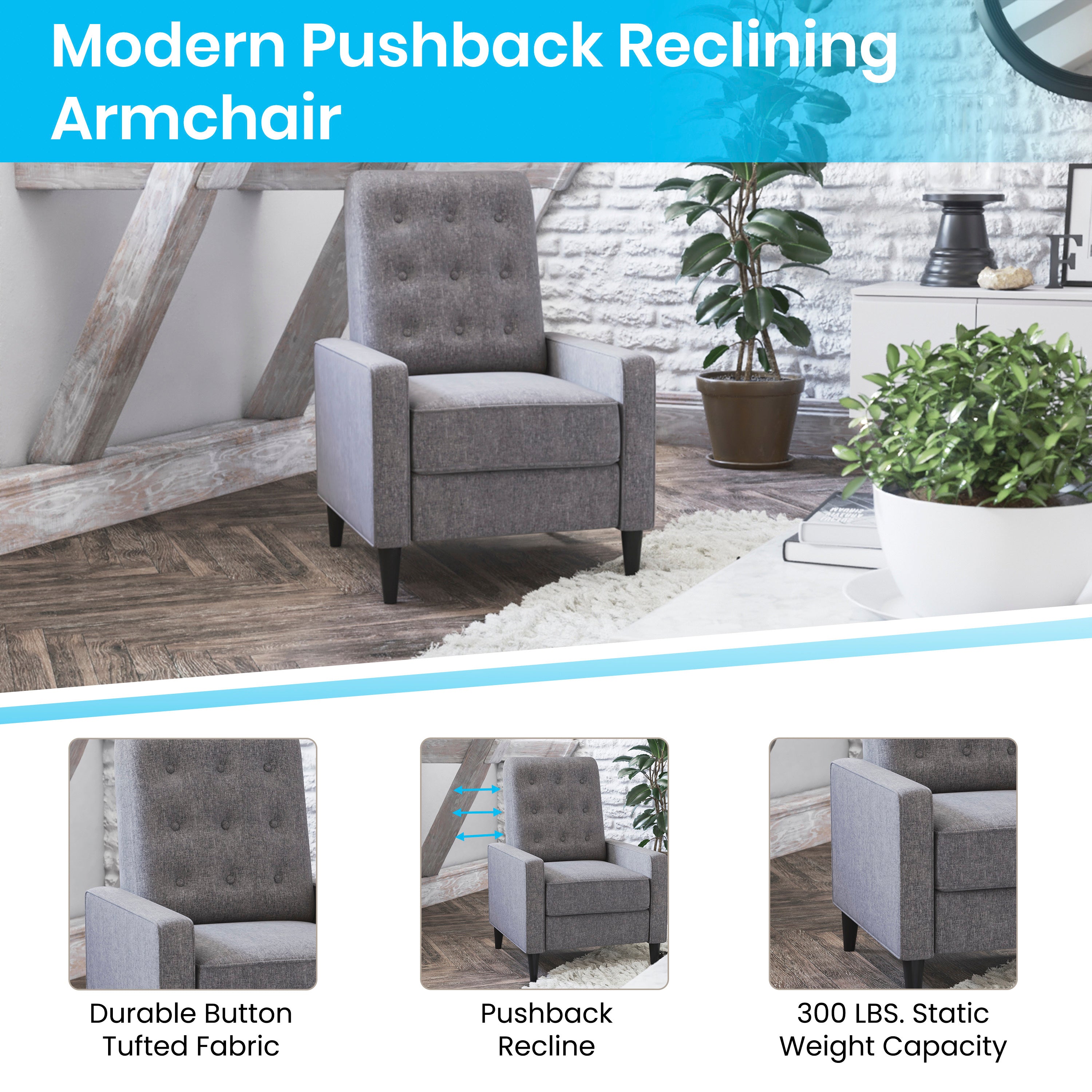 Ezra Mid-Century Modern Fabric Upholstered Button Tufted Pushback Recliner in Gray for Residential & Commercial Use