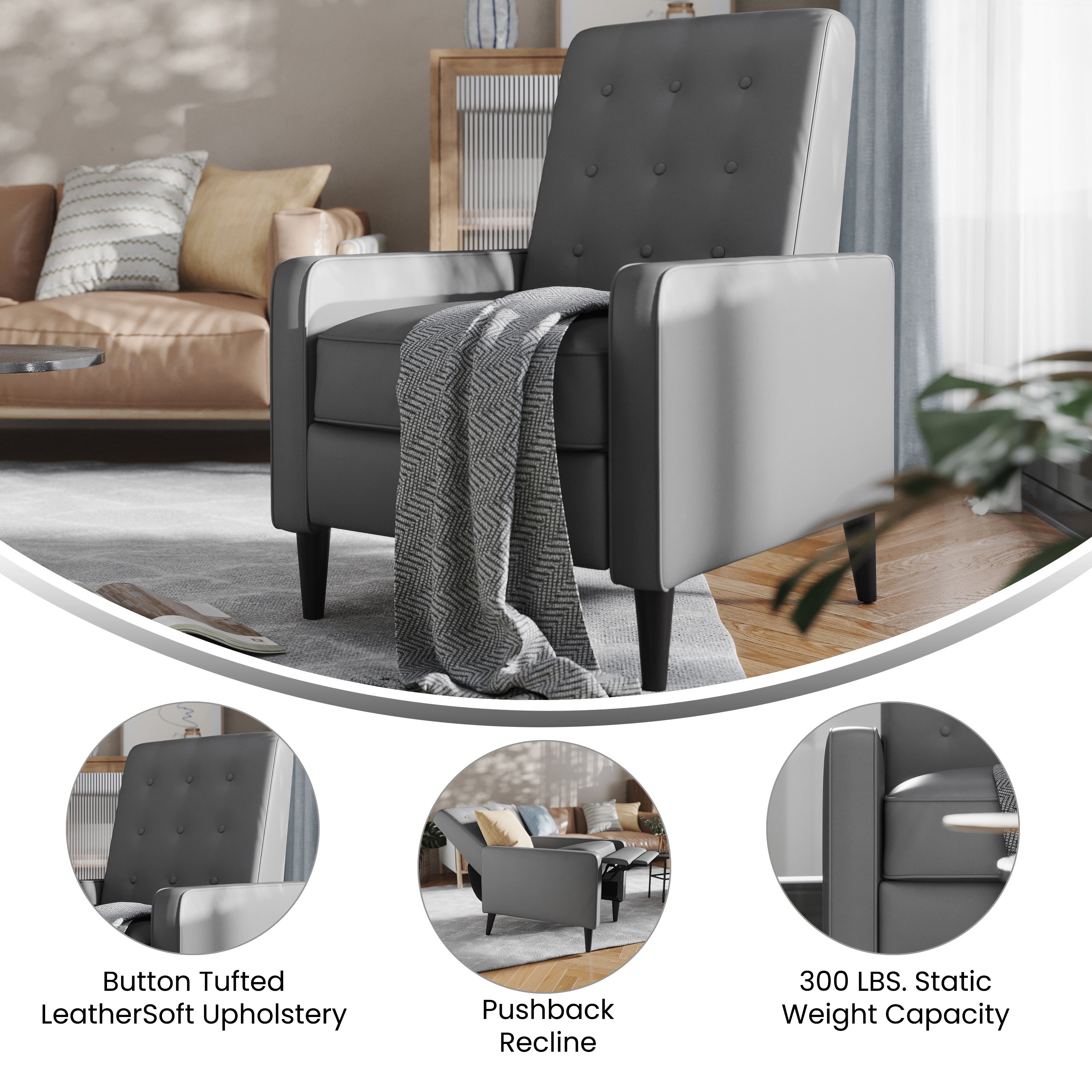 Ezra Mid-Century Modern LeatherSoft Upholstered Button Tufted Pushback Recliner in Light Gray for Residential & Commercial Use