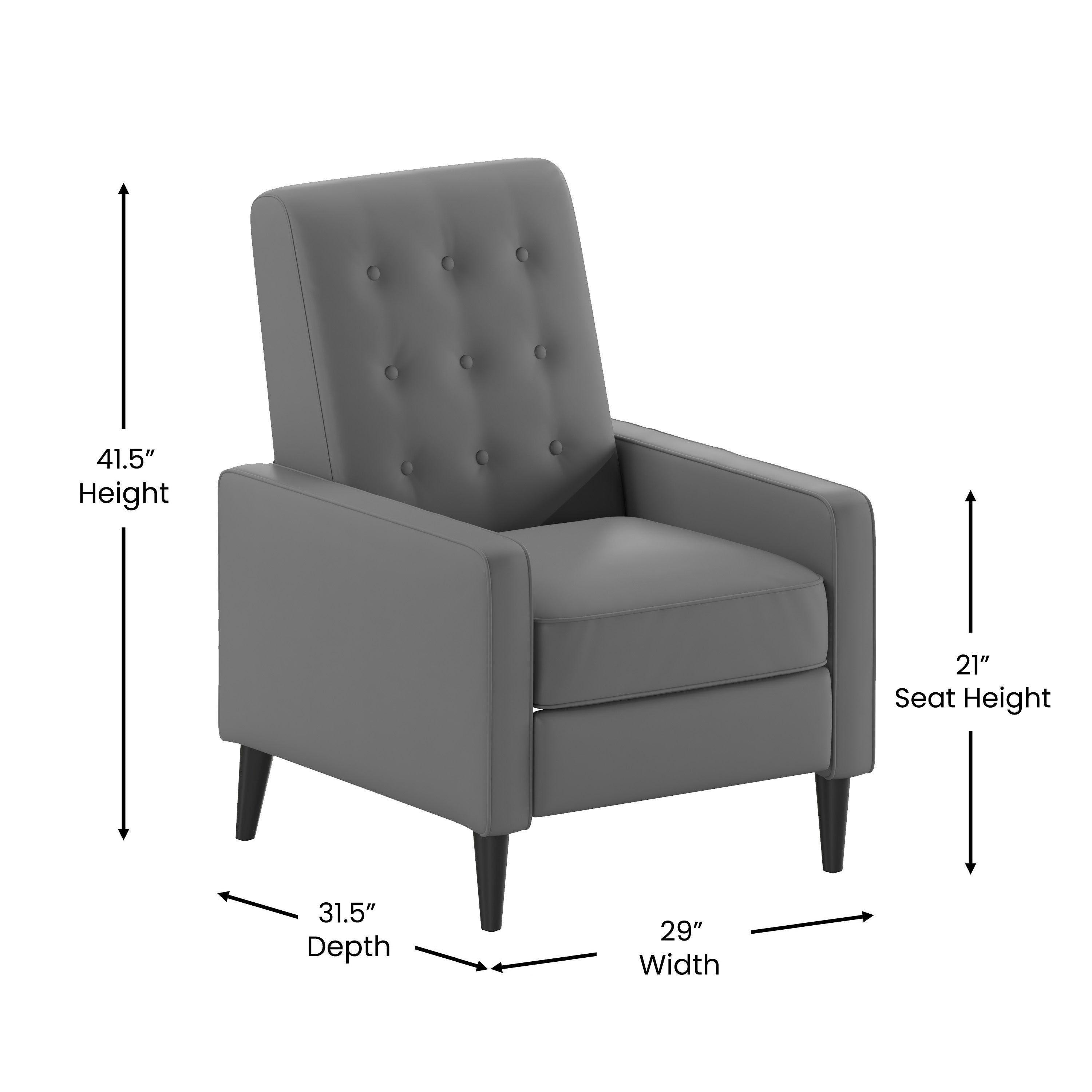 Ezra Mid-Century Modern LeatherSoft Upholstered Button Tufted Pushback Recliner in Light Gray for Residential & Commercial Use
