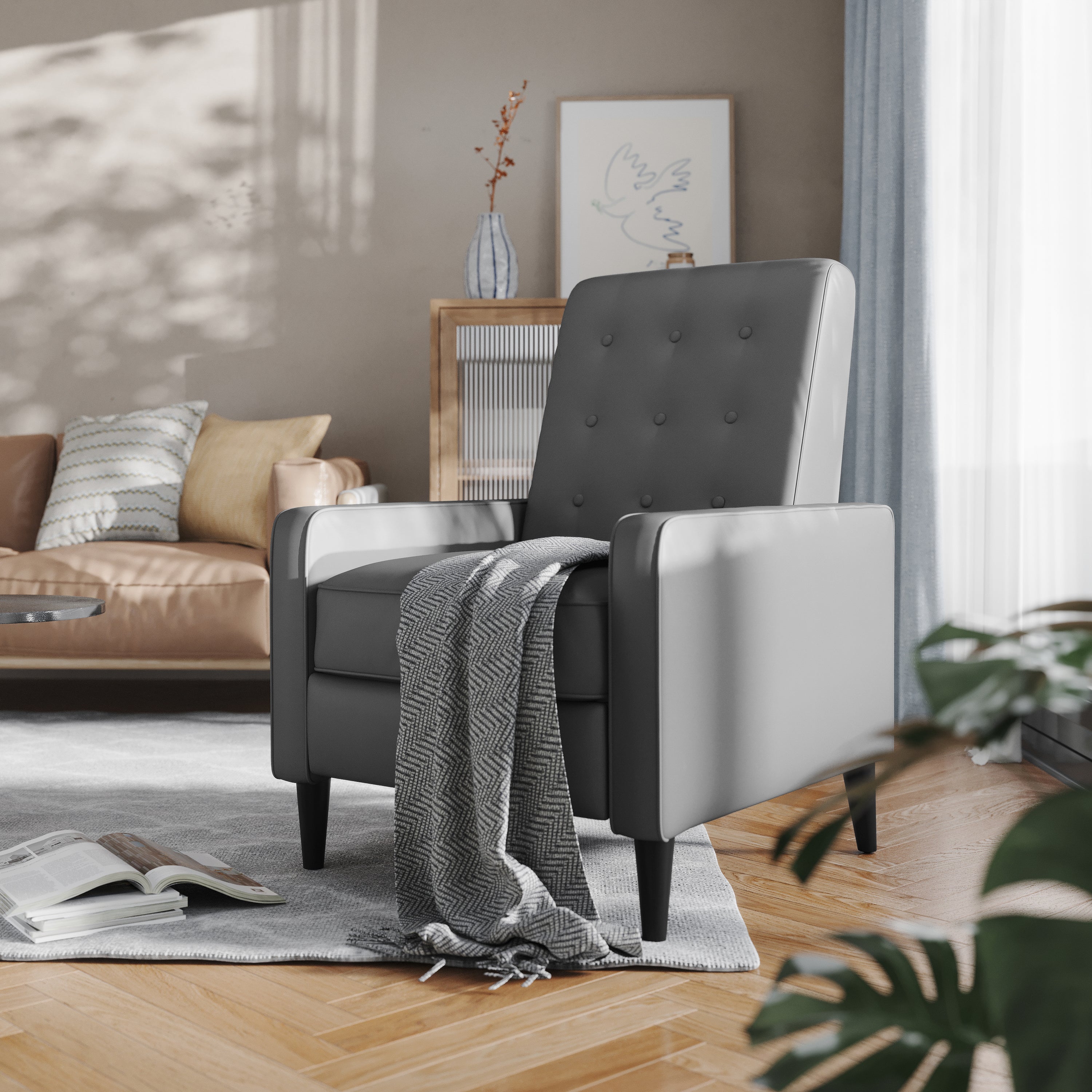 Ezra Mid-Century Modern LeatherSoft Upholstered Button Tufted Pushback Recliner in Light Gray for Residential & Commercial Use