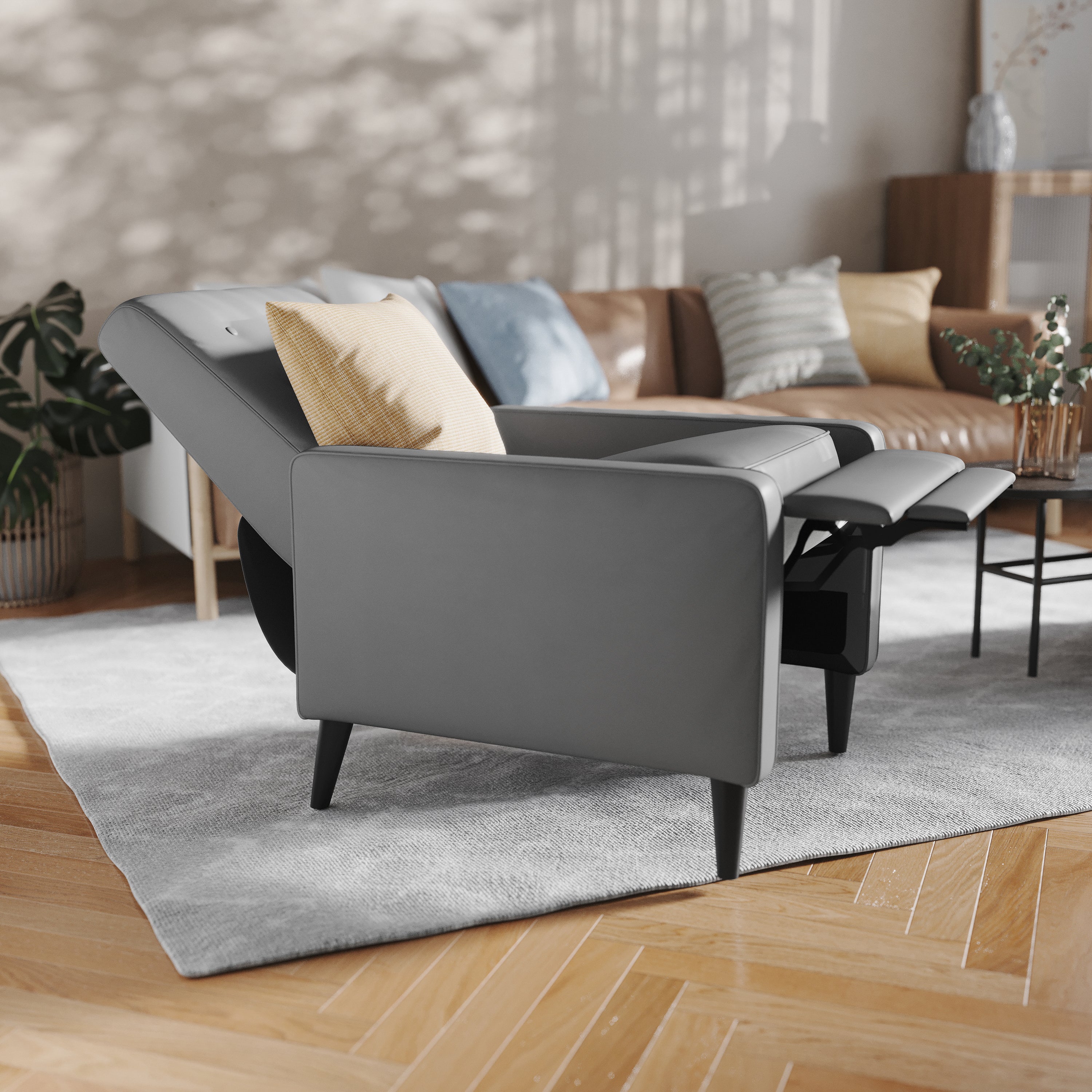 Ezra Mid-Century Modern LeatherSoft Upholstered Button Tufted Pushback Recliner in Light Gray for Residential & Commercial Use