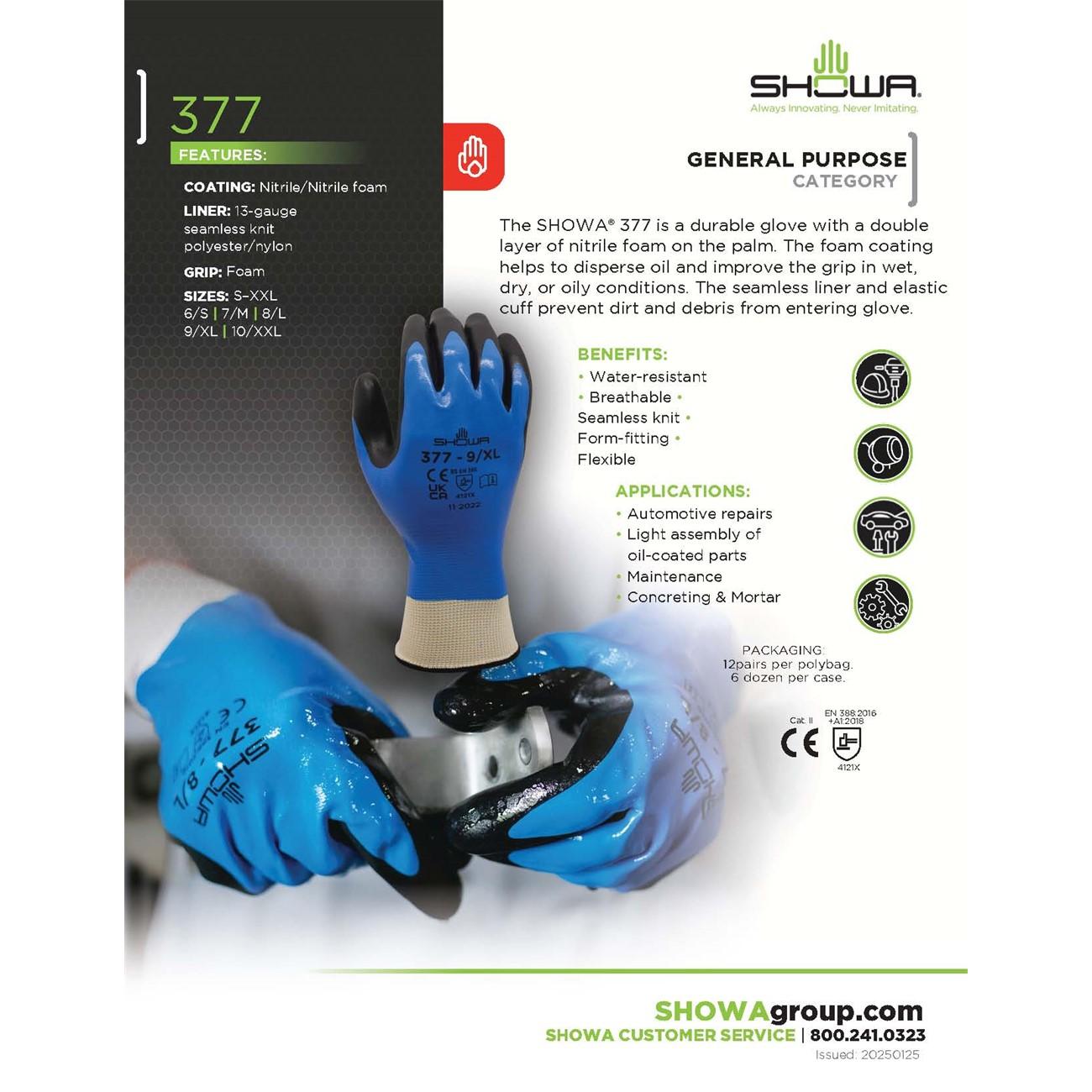 377L-08 Showa, General Purpose Glove, Large, 11 L, 13 Grade
