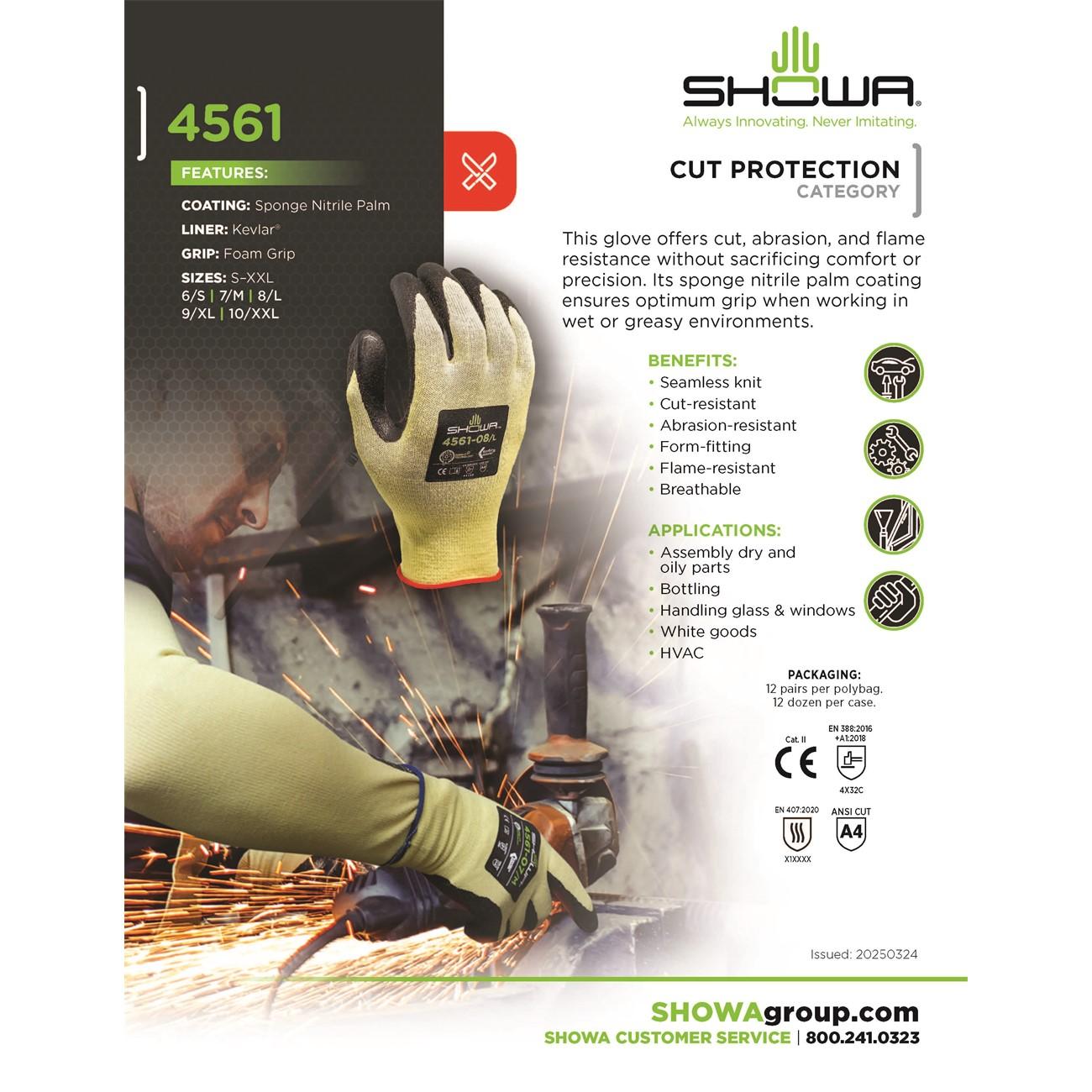 4561L-08 Showa, Cut Resistant Glove, Large, A4 Cut, Nitrile, Yellow, 9.5 L