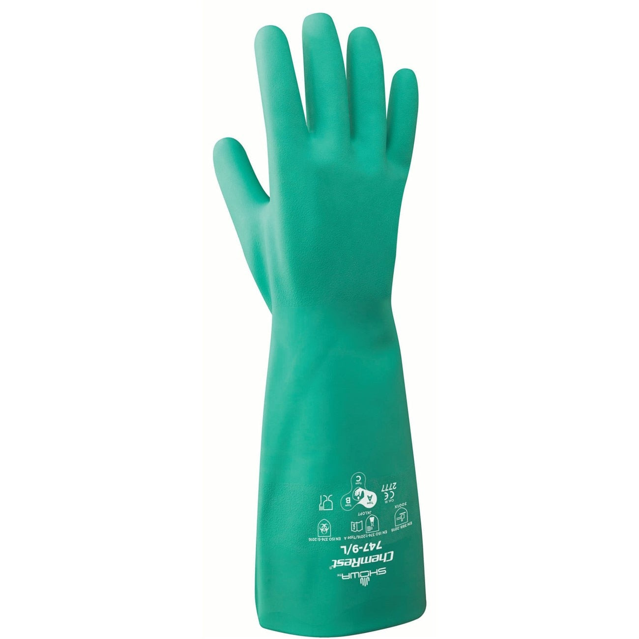 Chemical Resistance Glove, Size: Medium; Material: Nitrile; Length: 22; Color: Light Green; Thickness: 22 mil; Grip: Bisque