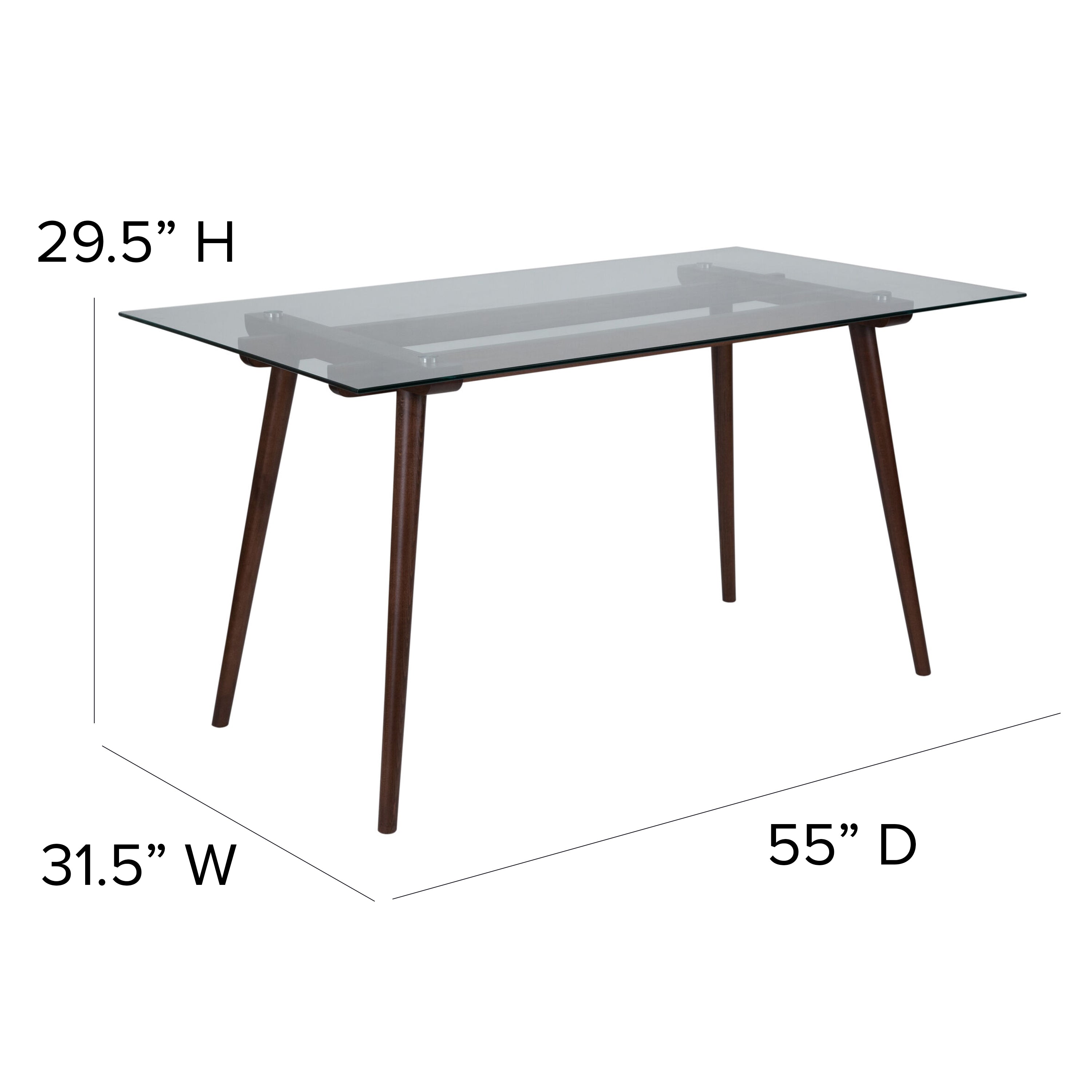 Meriden 31.5" x 55" Rectangular Solid Walnut Wood Table with Clear Glass Top