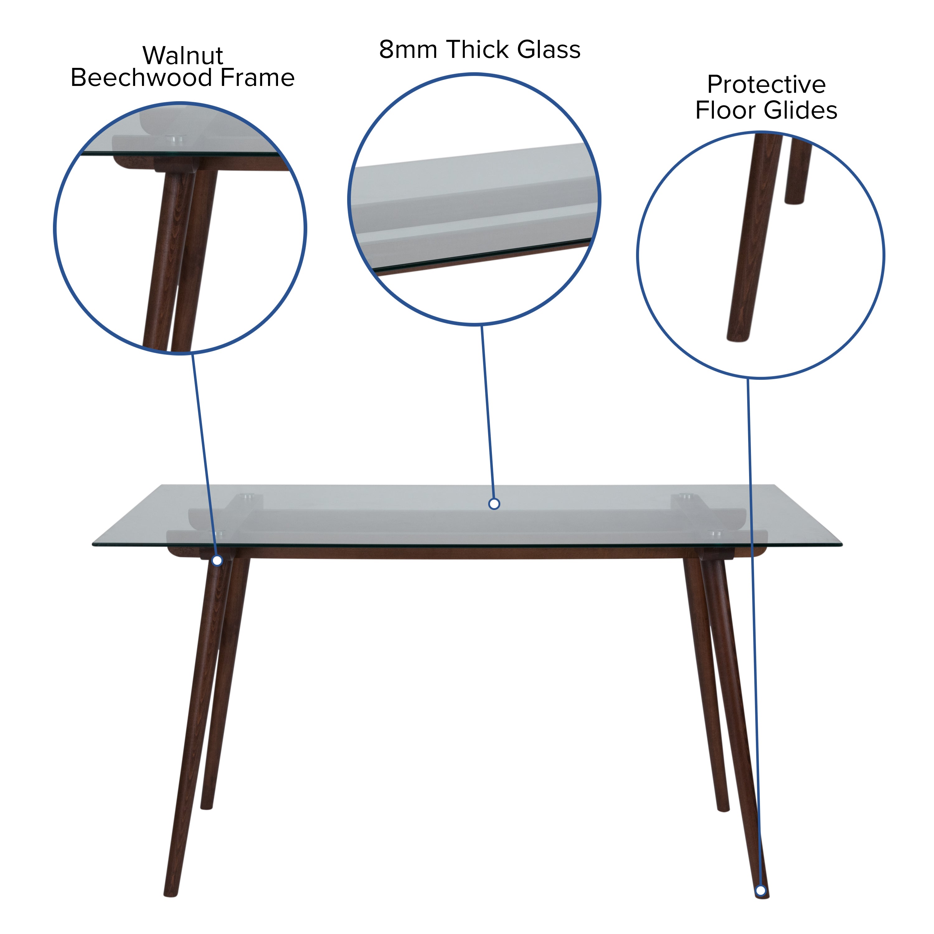 Meriden 31.5" x 55" Rectangular Solid Walnut Wood Table with Clear Glass Top