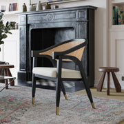 Naomi Commercial Cane Rattan Dining and Accent Chair with Solid Wood Frame Featuring Gold Tipped Legs and Beige Padded Seat in Natural/Black