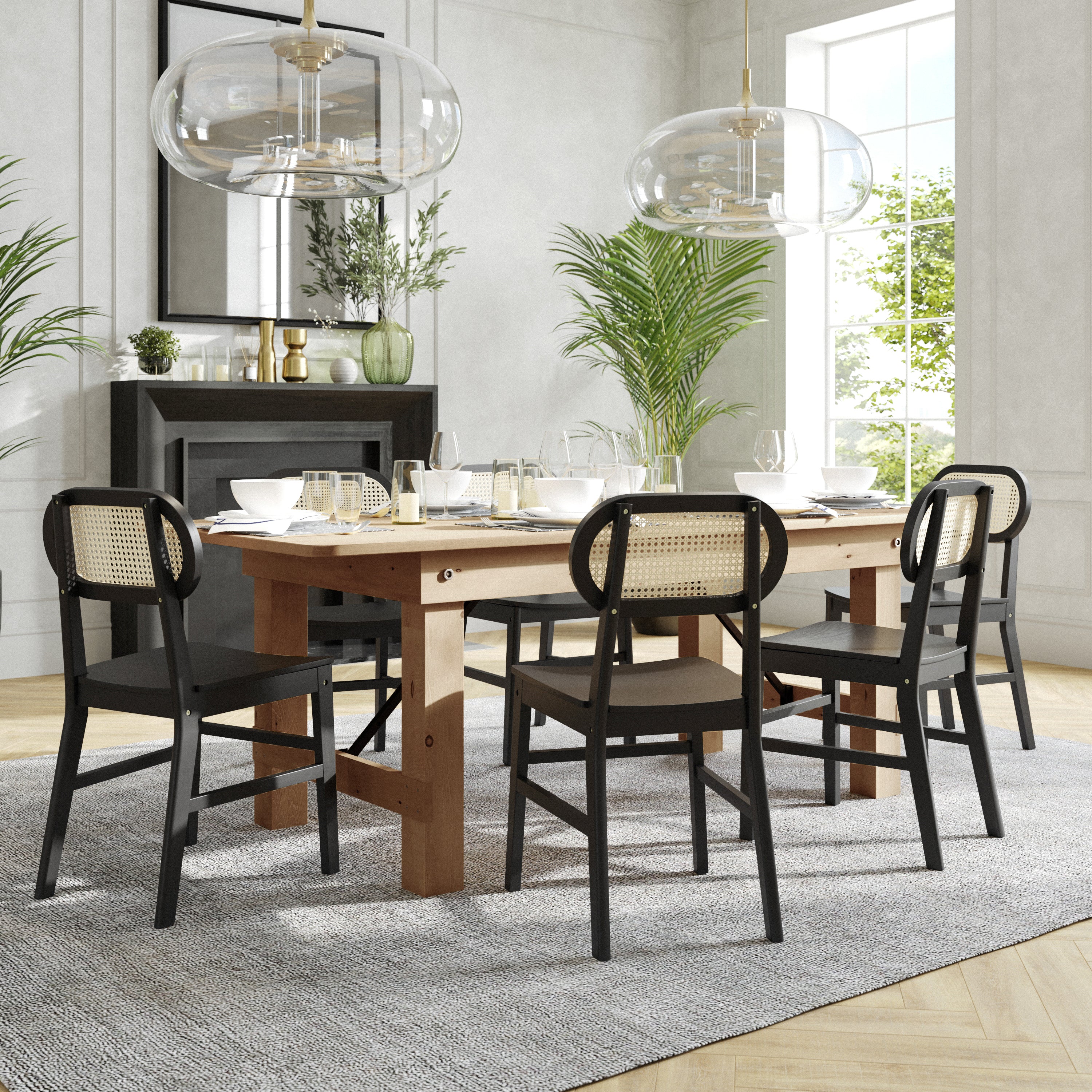 Jacob Set of 2 Commercial Cane Rattan Dining and Event Chairs with Solid Wood Frame and Seat, Natural/Black