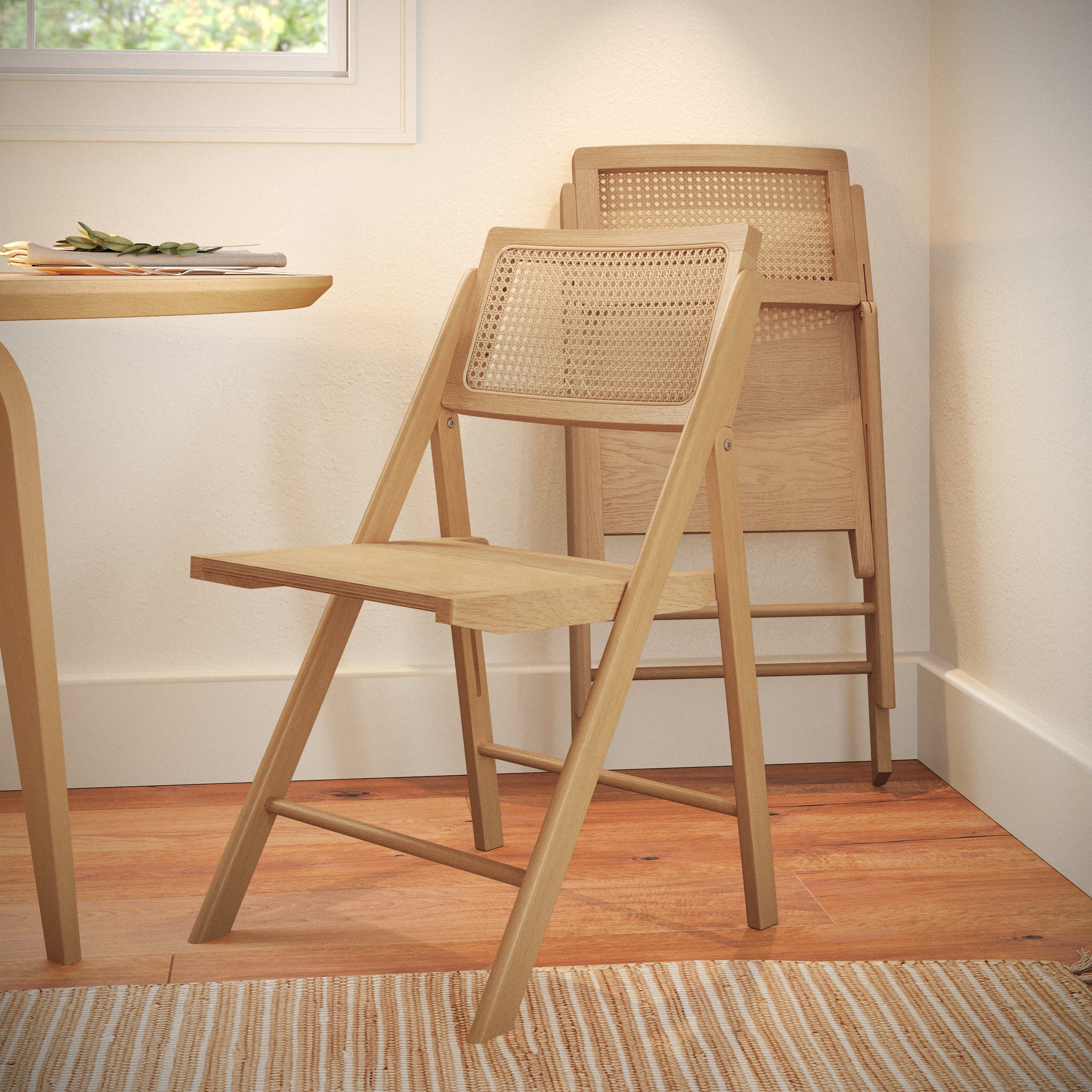 Galene Set of 2 Cane Rattan Folding Chairs with Solid Wood Frame and Seat and Ventilated Back, Perfect for Events or Additional Seating, Natural