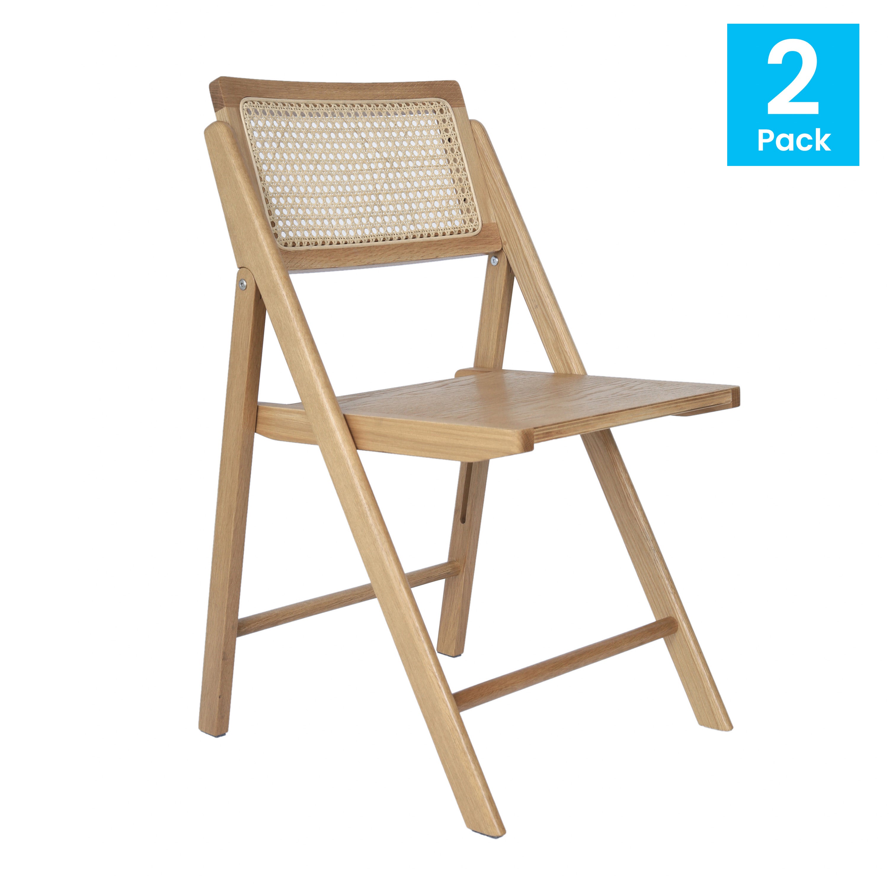 Galene Set of 2 Cane Rattan Folding Chairs with Solid Wood Frame and Seat and Ventilated Back, Perfect for Events or Additional Seating, Natural