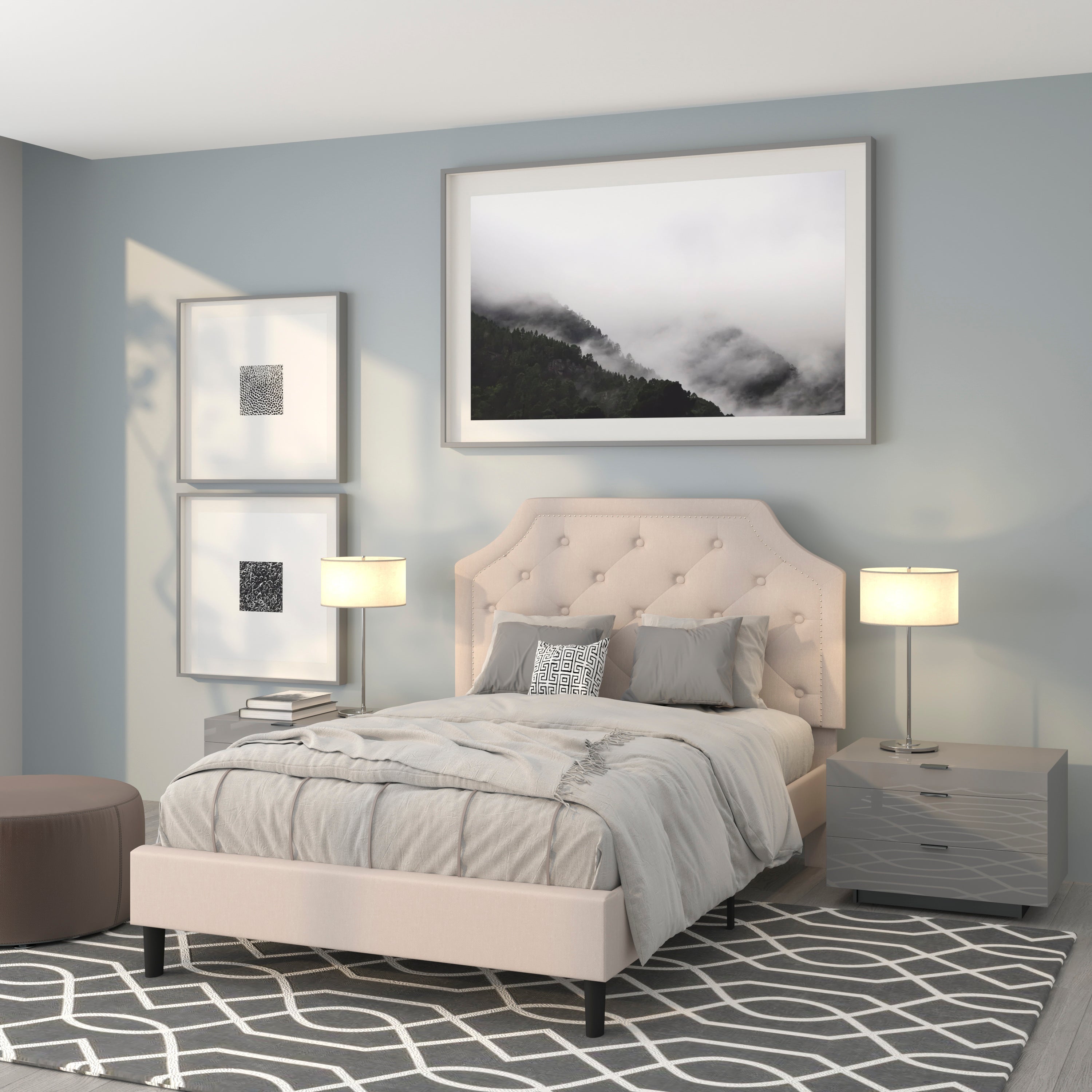 Brighton Full Size Tufted Upholstered Platform Bed in Beige Fabric