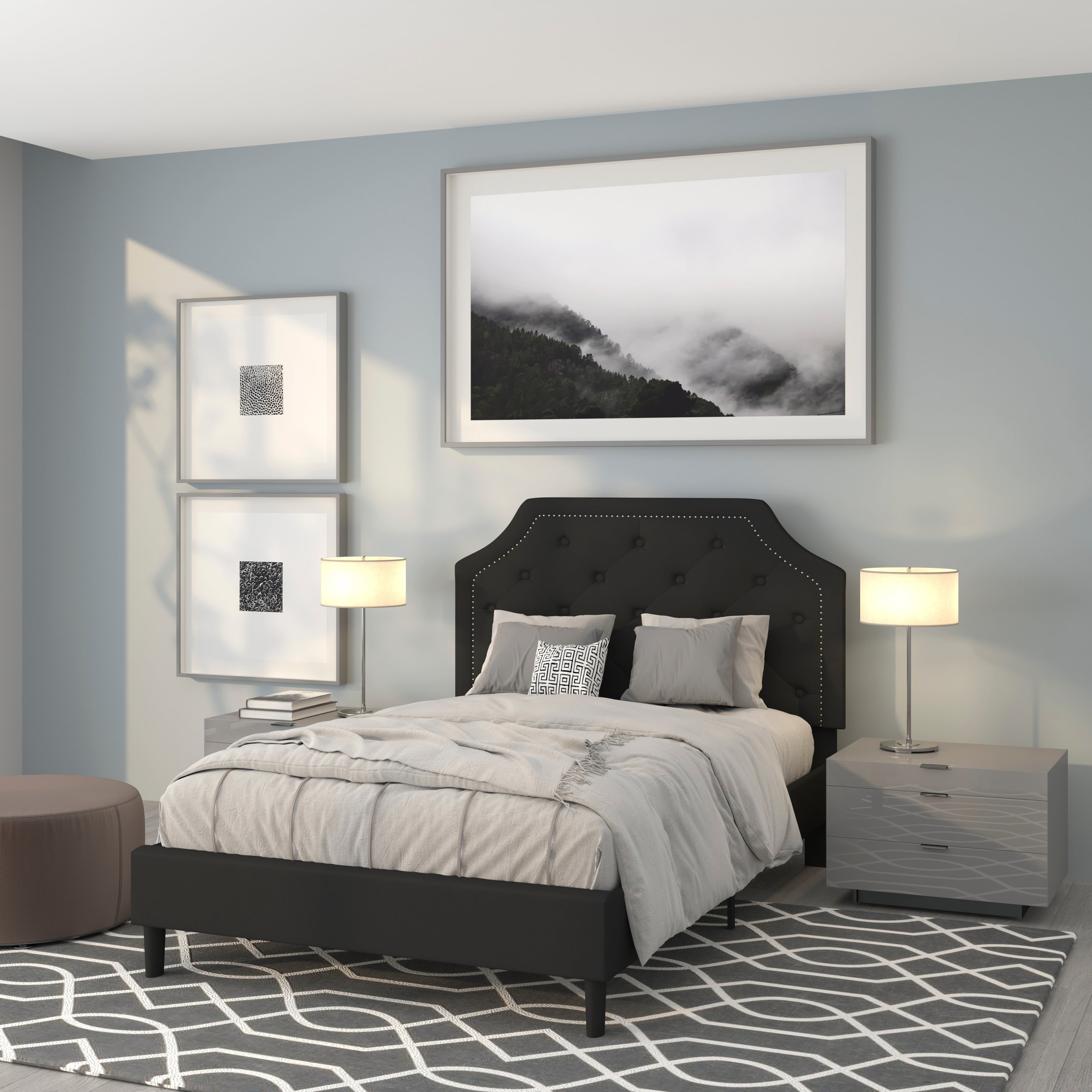 Brighton Full Size Tufted Upholstered Platform Bed in Black Fabric