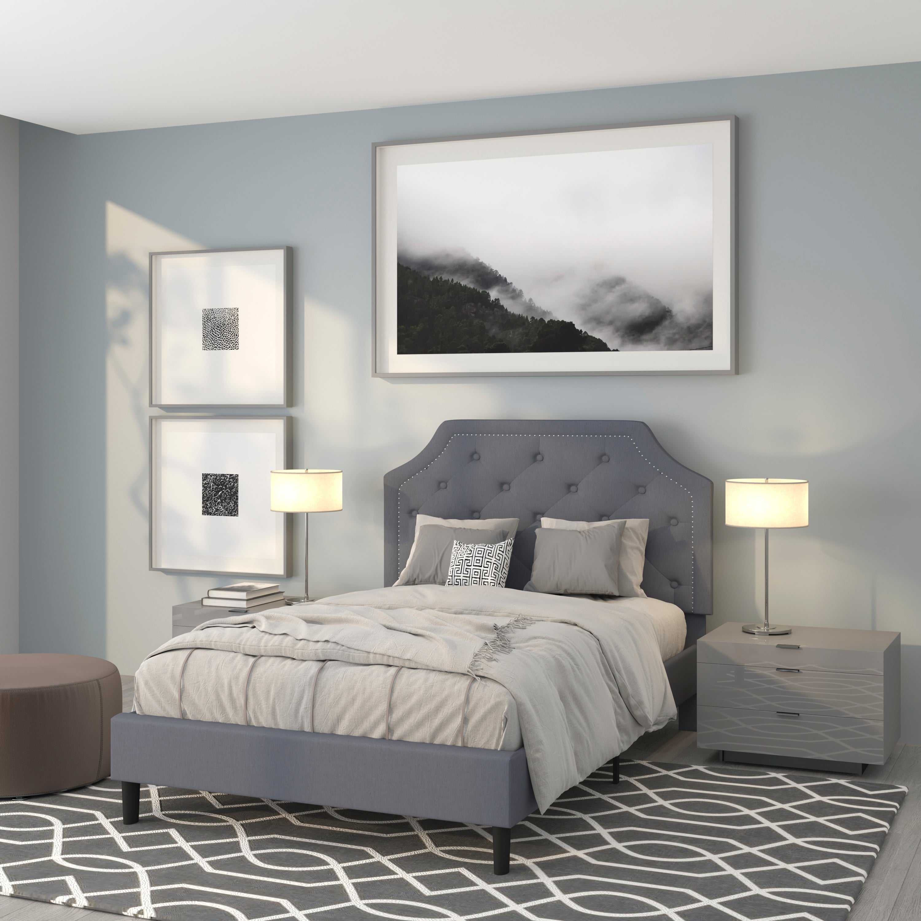 Brighton Full Size Tufted Upholstered Platform Bed in Light Gray Fabric